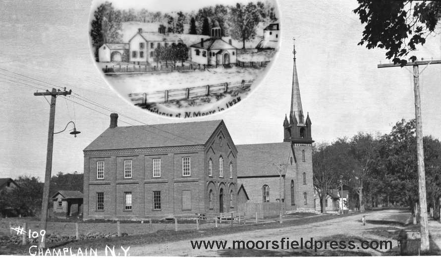 he noadiah moore house 1828, 1815
                                school house, 1870s brick school house,
                                methodist church in champlain