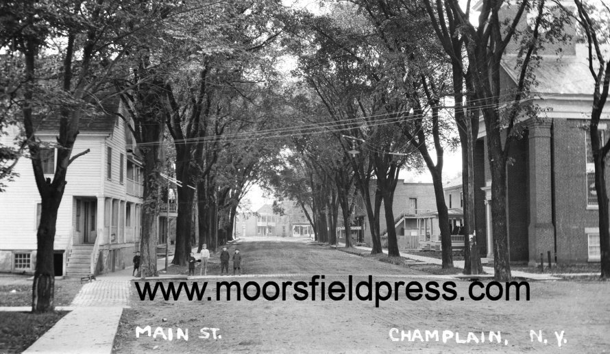 champlain
                      historic calendar main street with mansion house
                      on left and presbyterian church on right-looking
                      east