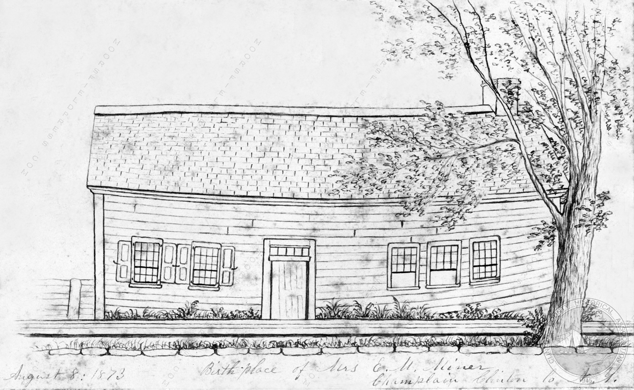 Noadiah Moore house drawn by
                                    Harriet Stewart Miner