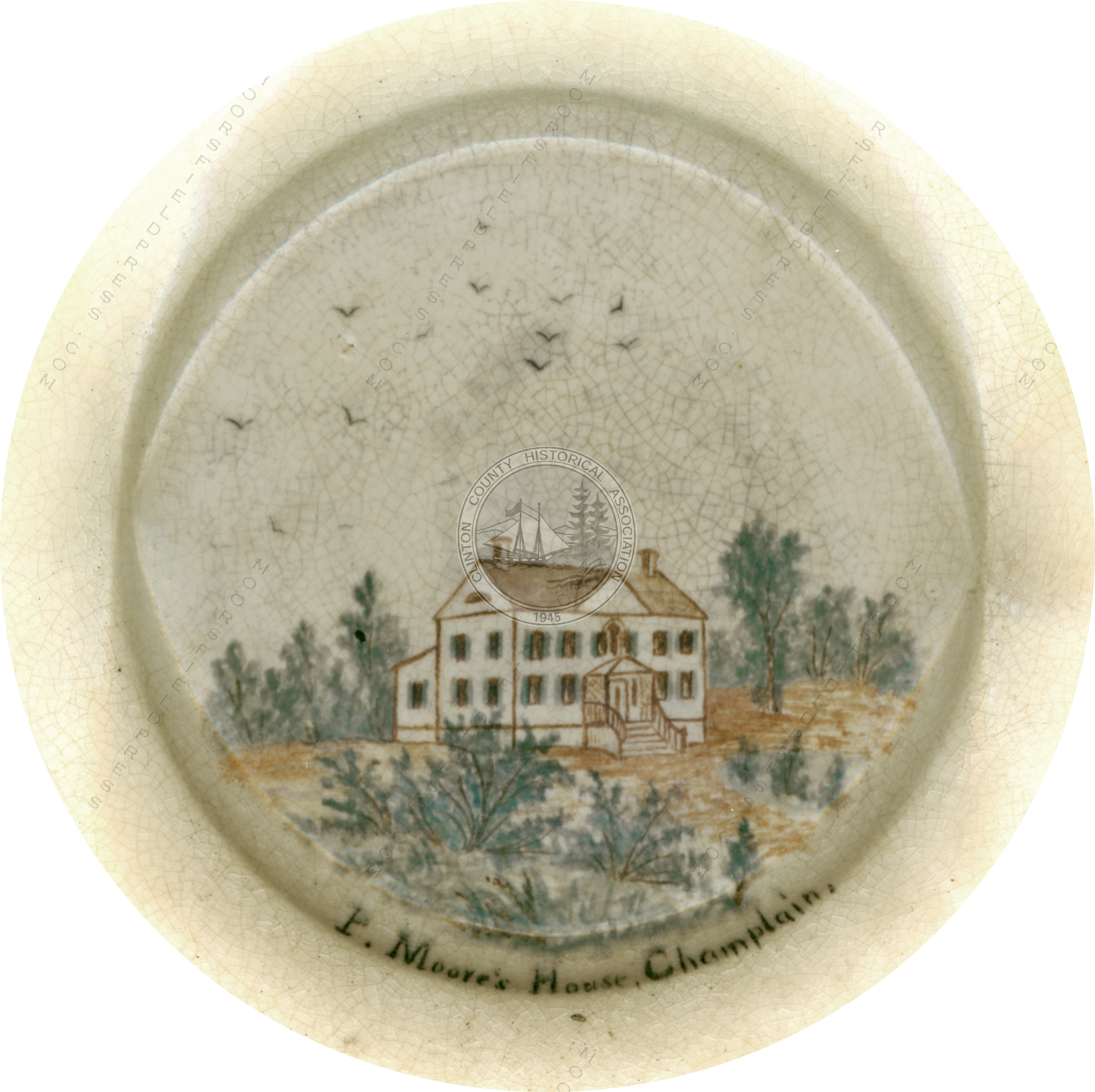 Pliny Moore house on a
                                            ceramic plate painted by
                                            Harriet Stewart Miner 1880
