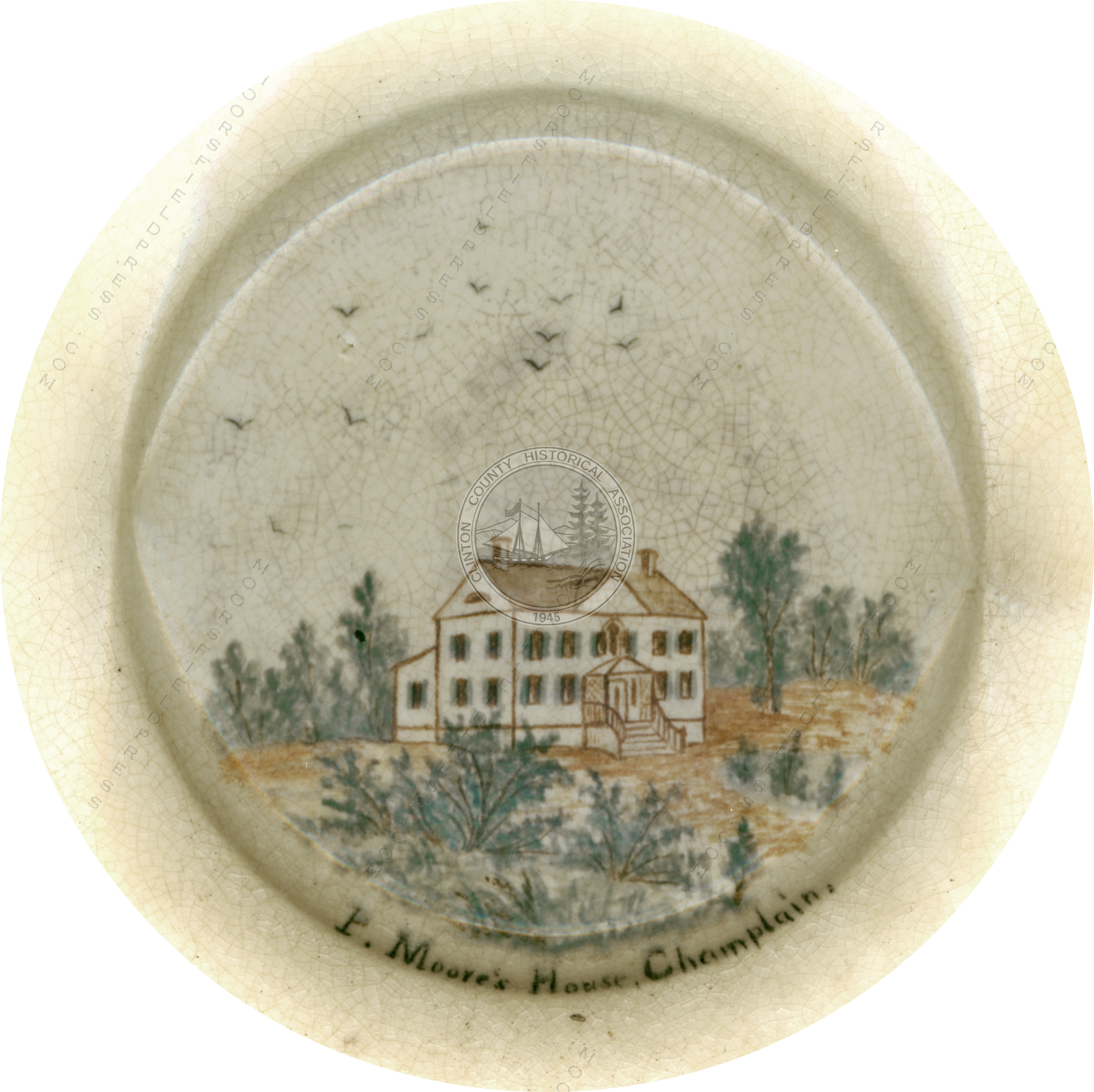 Pliny Moore house on a
                                            ceramic plate painted by
                                            Harriet Stewart Miner 1880