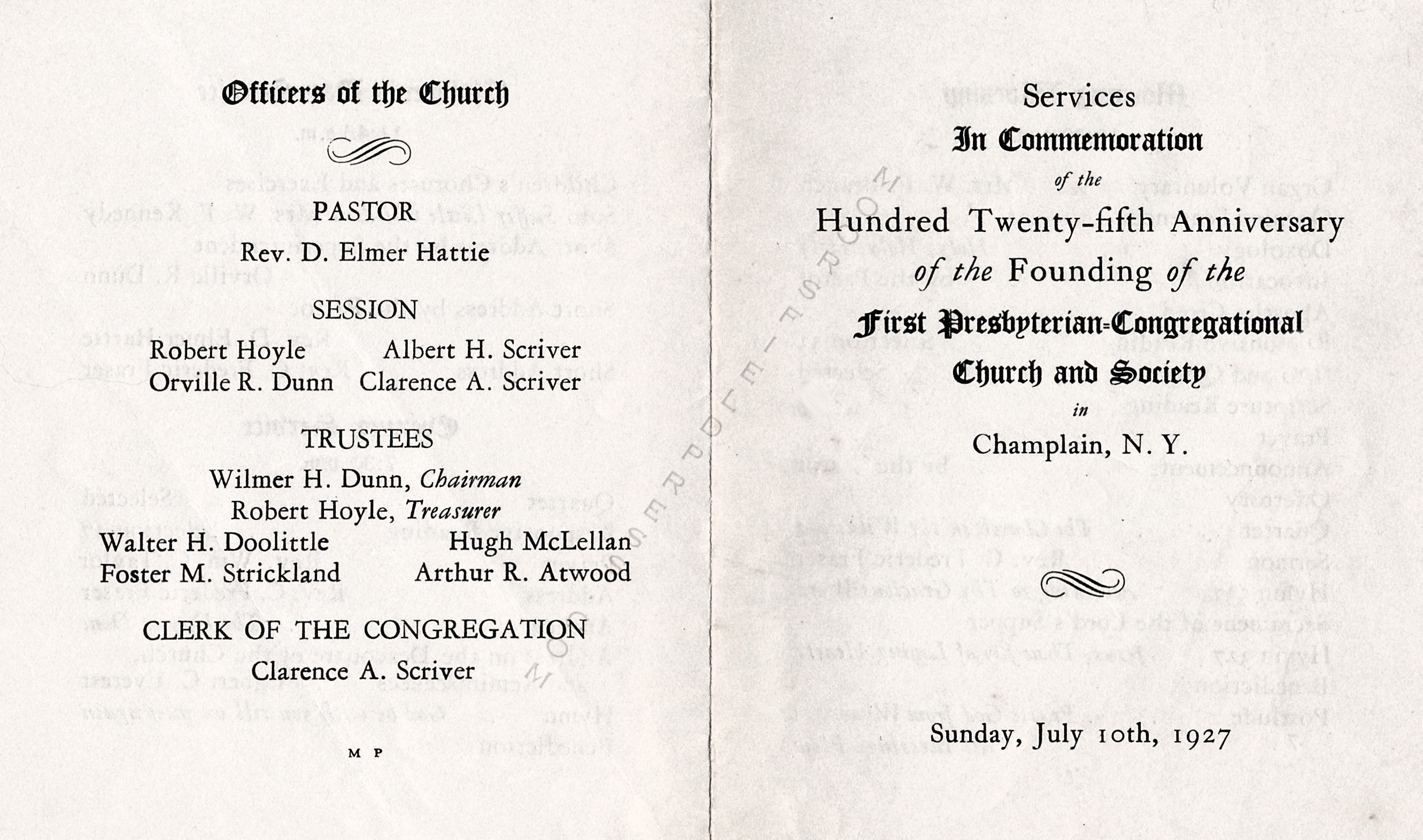 125th
                    anniversary of presbyterian church champlain