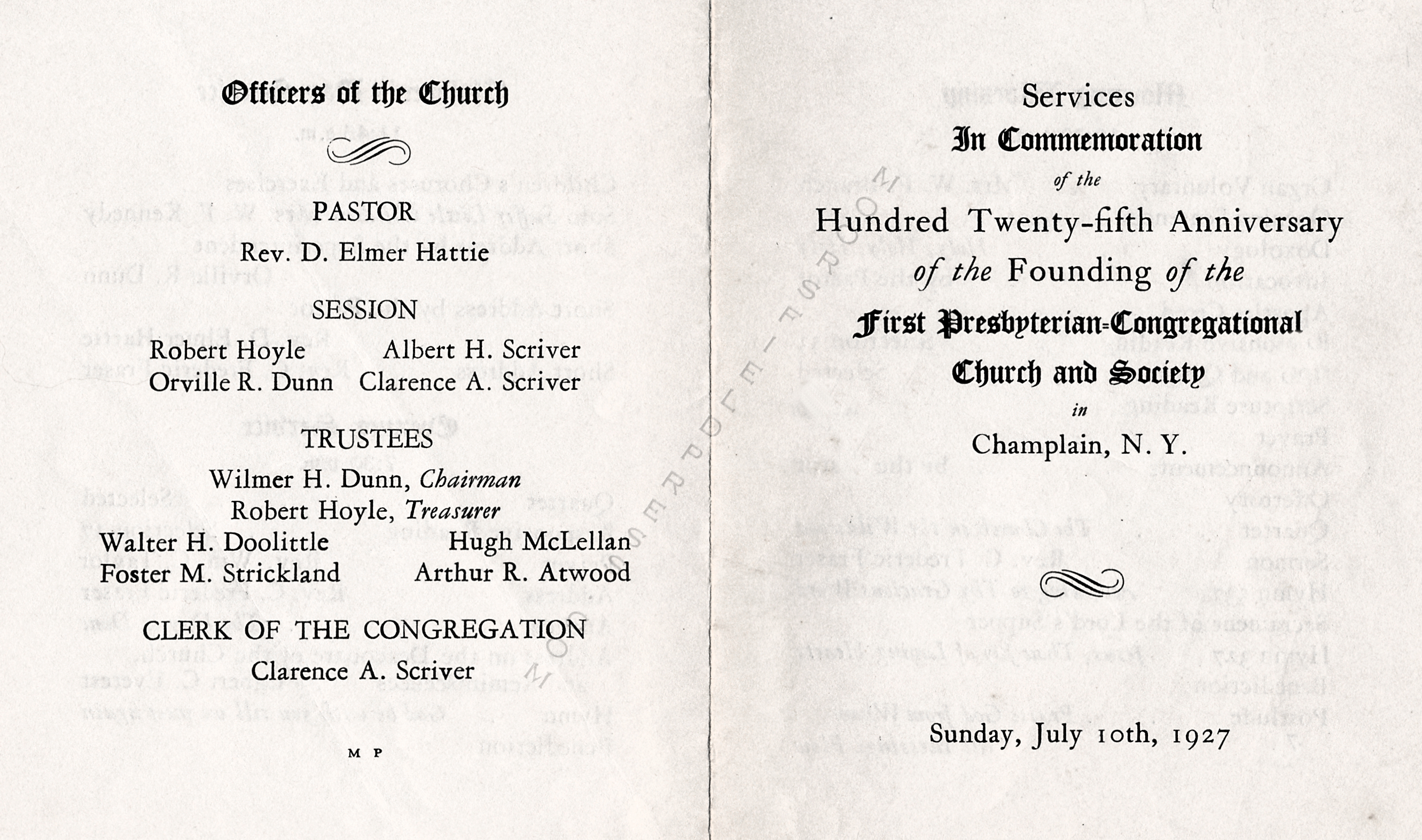 125th
                    anniversary of presbyterian church champlain