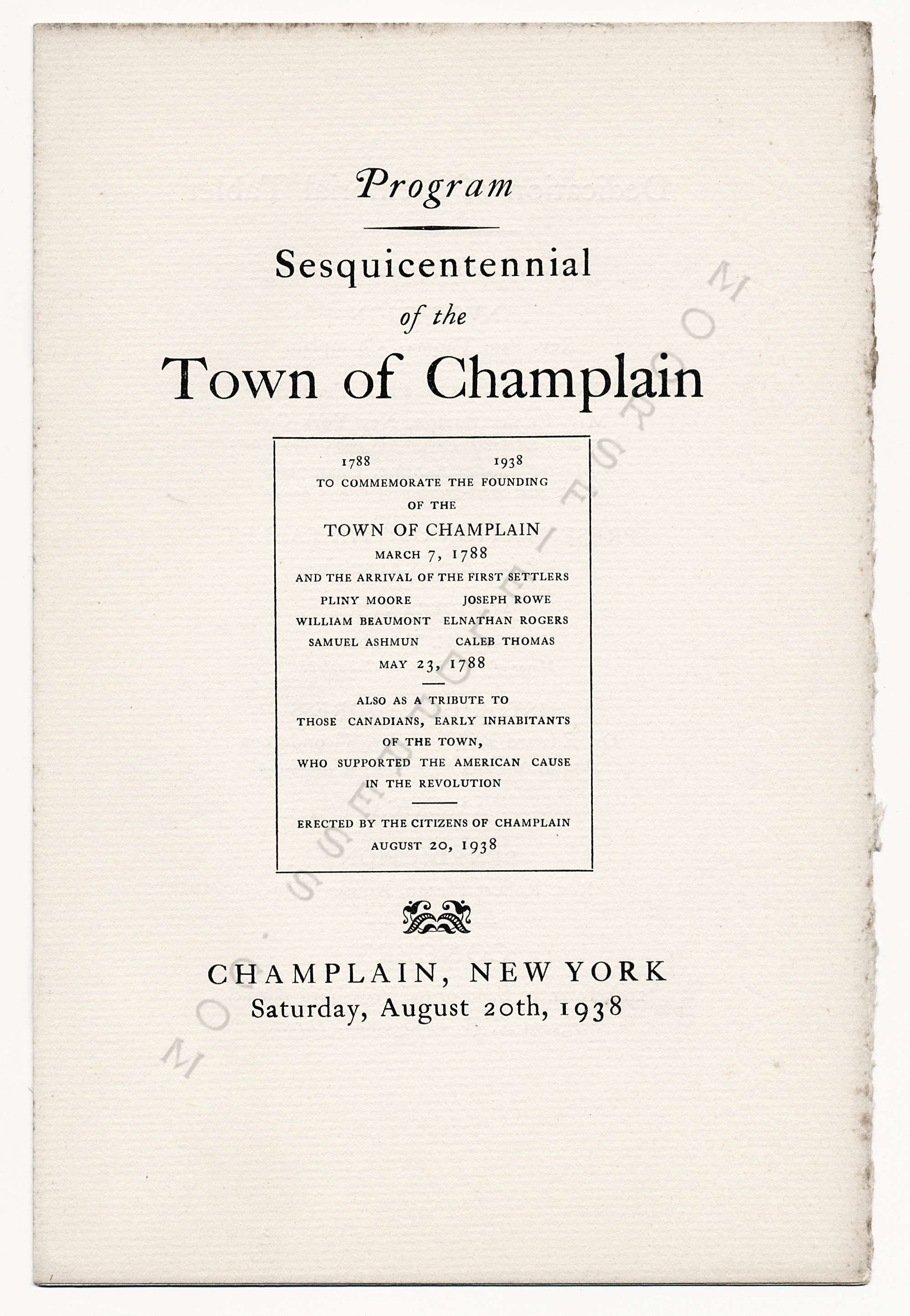 1938
                      SESQUICENTENNIAL TOWN OF CHAMPLAIN