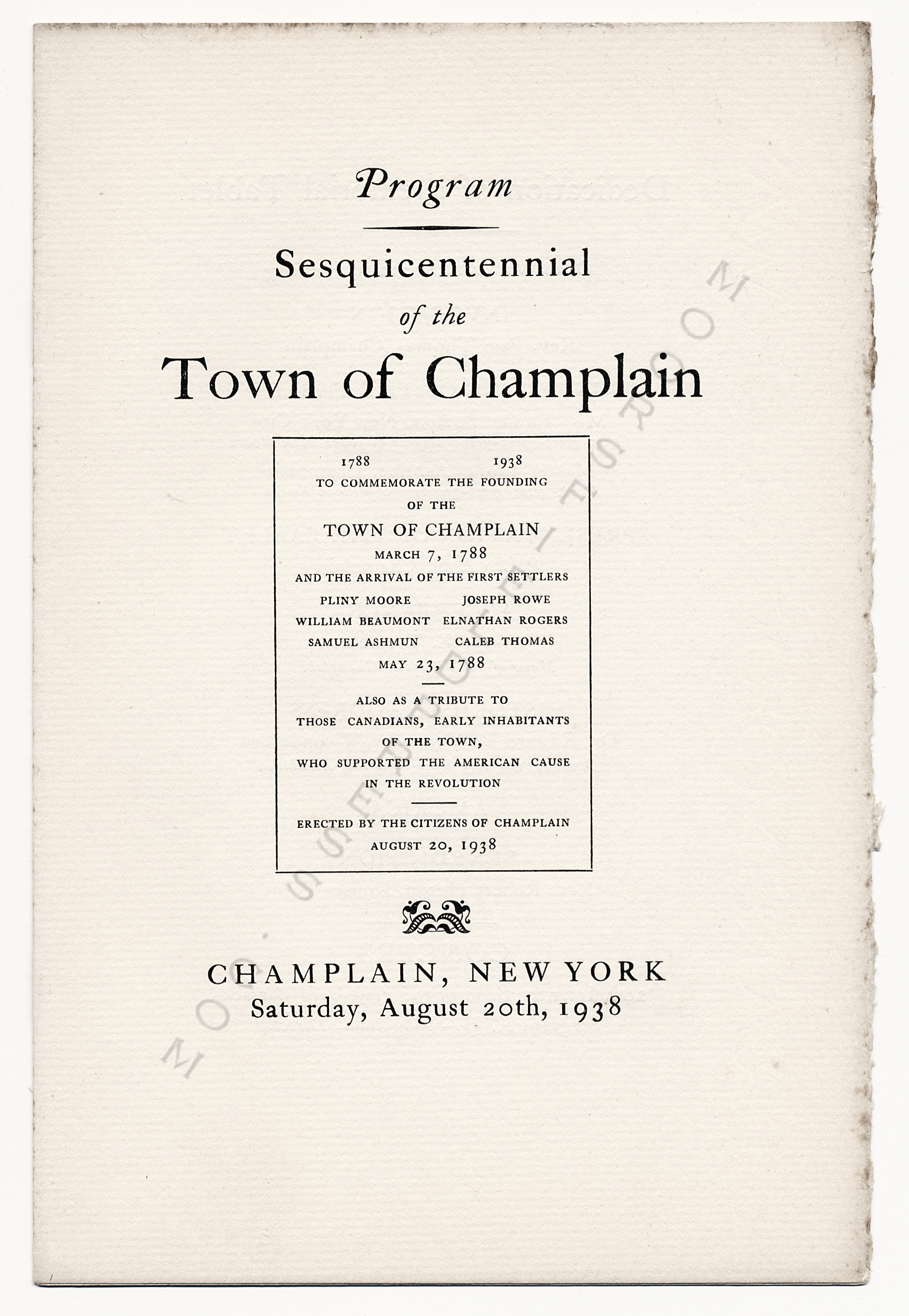 1938
                      SESQUICENTENNIAL TOWN OF CHAMPLAIN