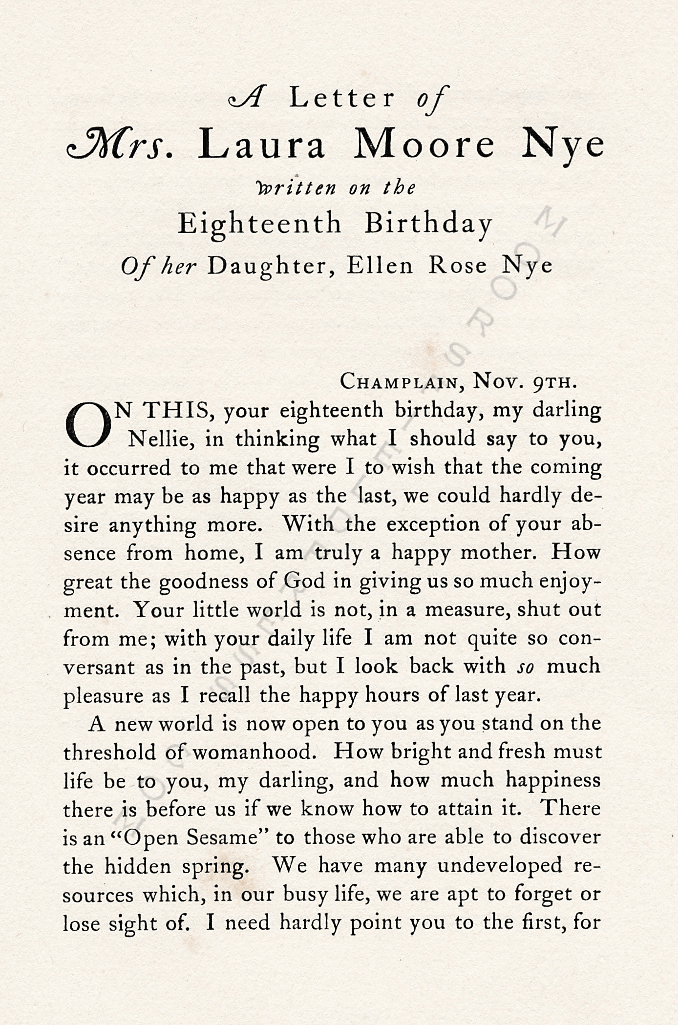 a letter
                      ofmrs laura moore nye written on the
                      eighteenthbirthday of her daughter ellen rose nye