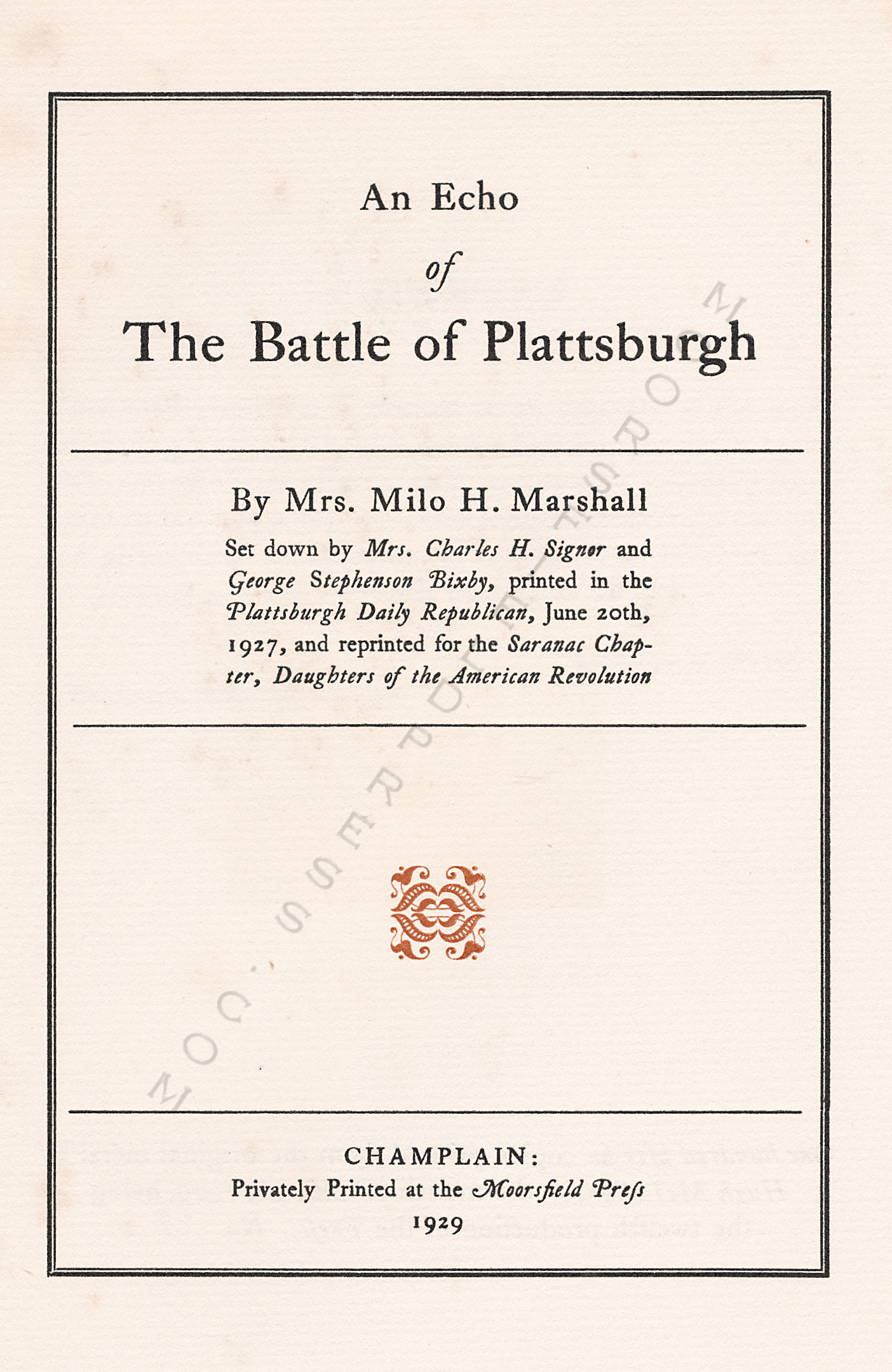 An Echo of
                      the Battle of Plattsburgh by Mrs. Milo H.
                      Marshall
