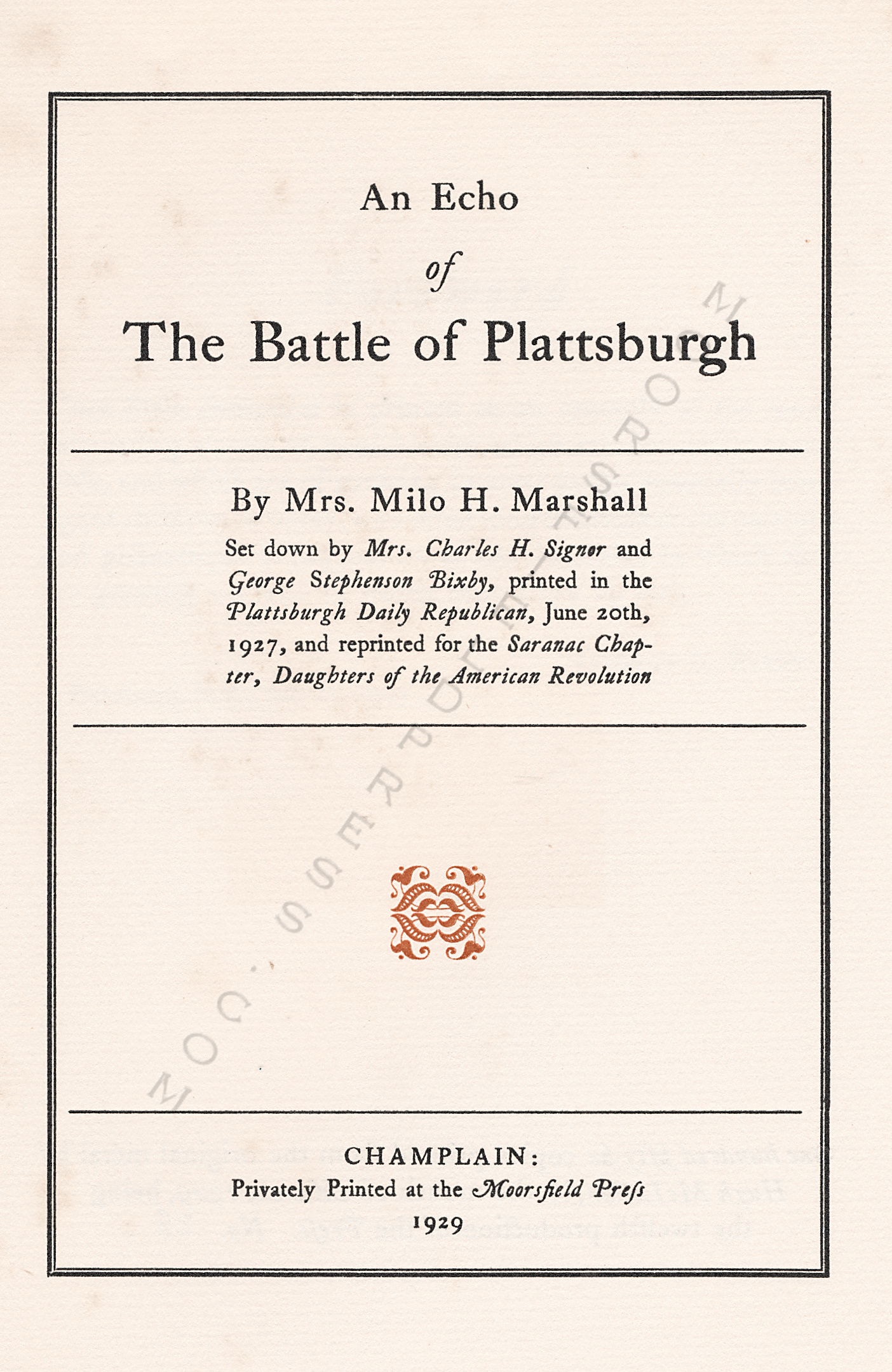 An Echo of
                      the Battle of Plattsburgh by Mrs. Milo H.
                      Marshall