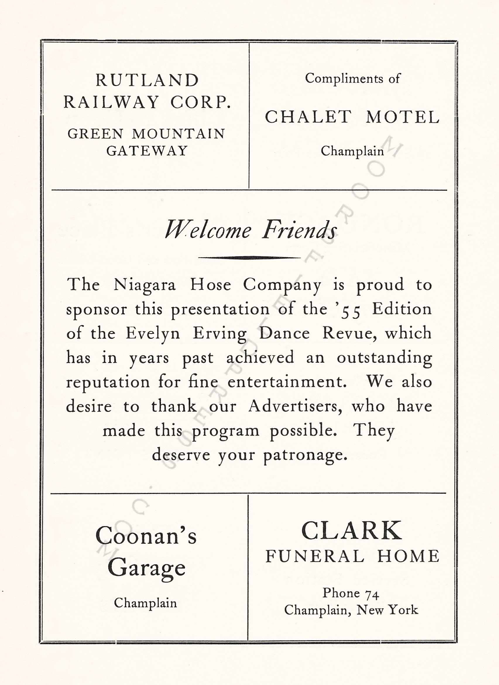 Evelyn
                      Erving Dance Revue sponsored by the Niagara Hose
                      Company 1955