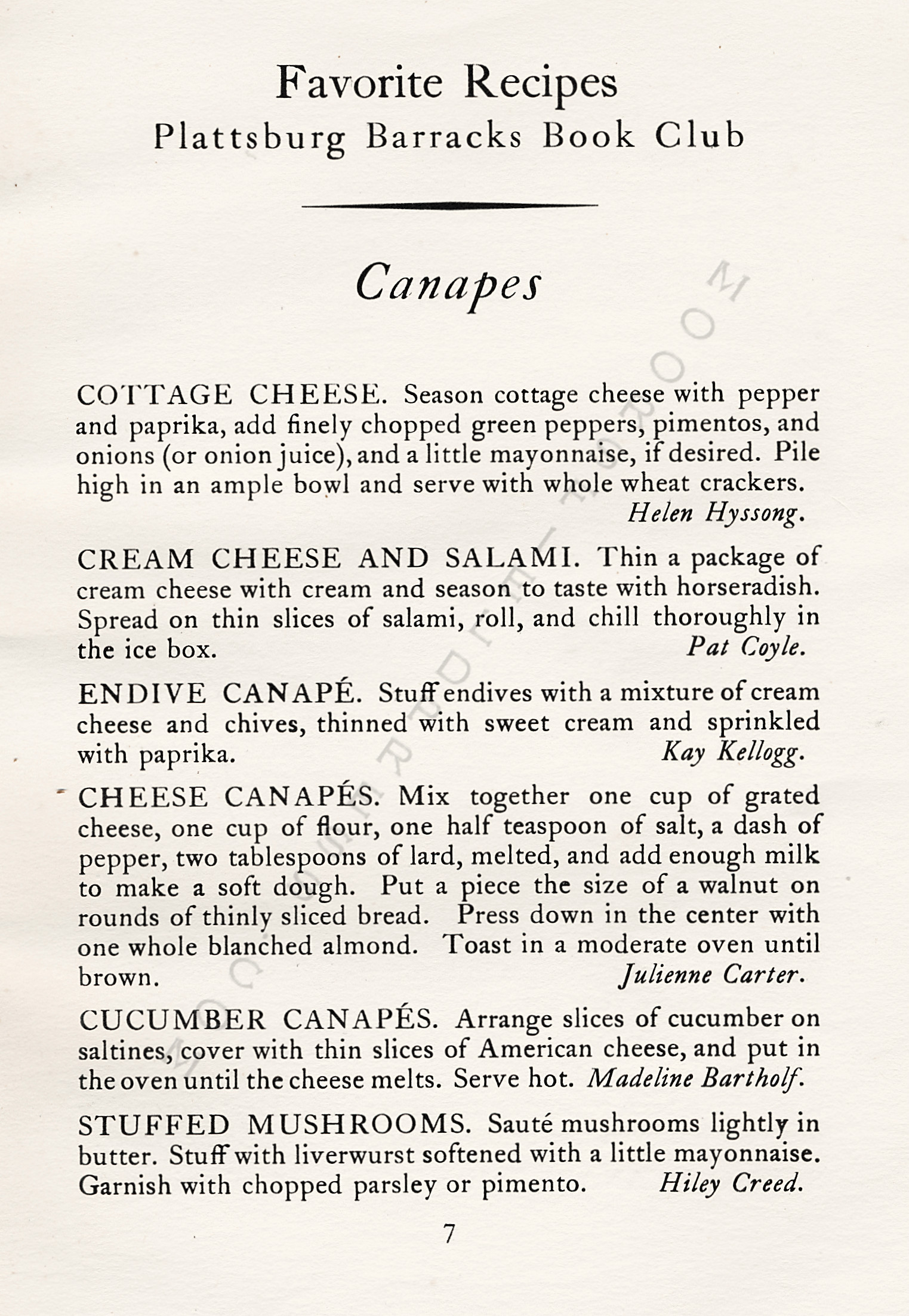 FAVORITE
                      RECIPES OF THE PLATTSBURG BARRACKS BOOK CLUB 1934