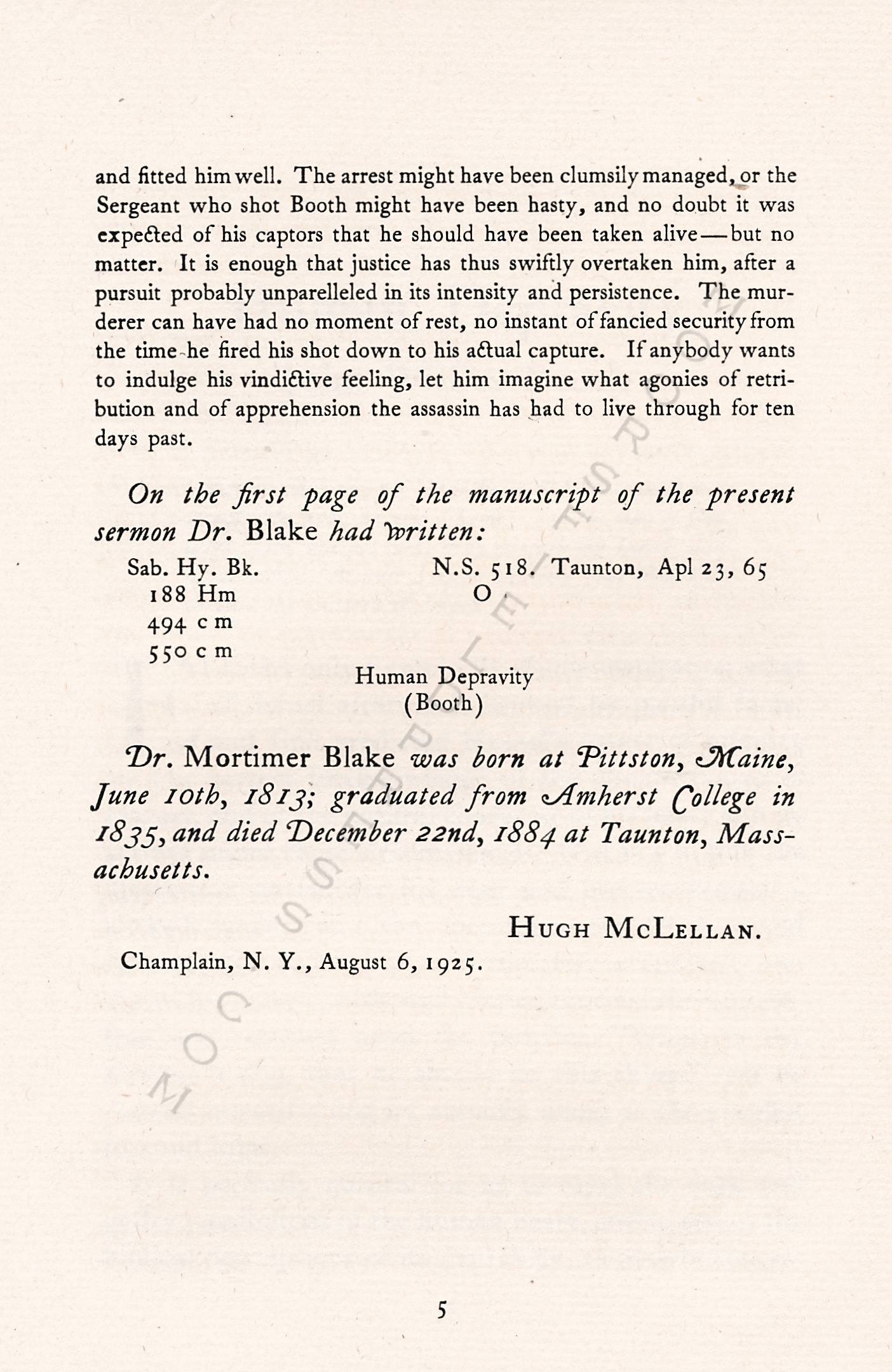 Human
                      Depravity - A Sermon on John Wilkes Booth by
                      Mortimer Blake 1865