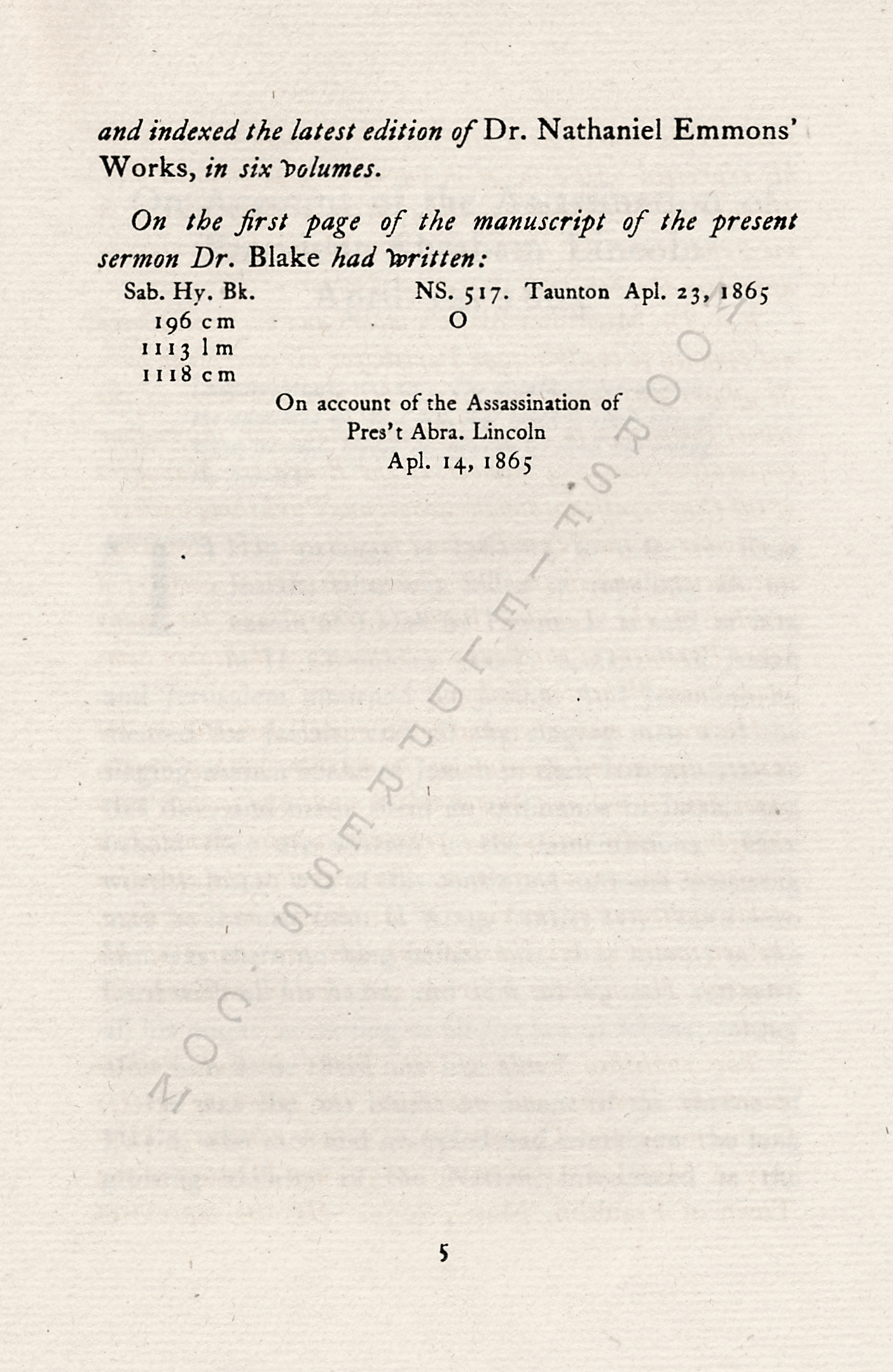 ON ACCOUNT
                      OF THE ASSASSINATION OF PRESIDENT LINCOLN BY
                      MORTIMER BLAKE