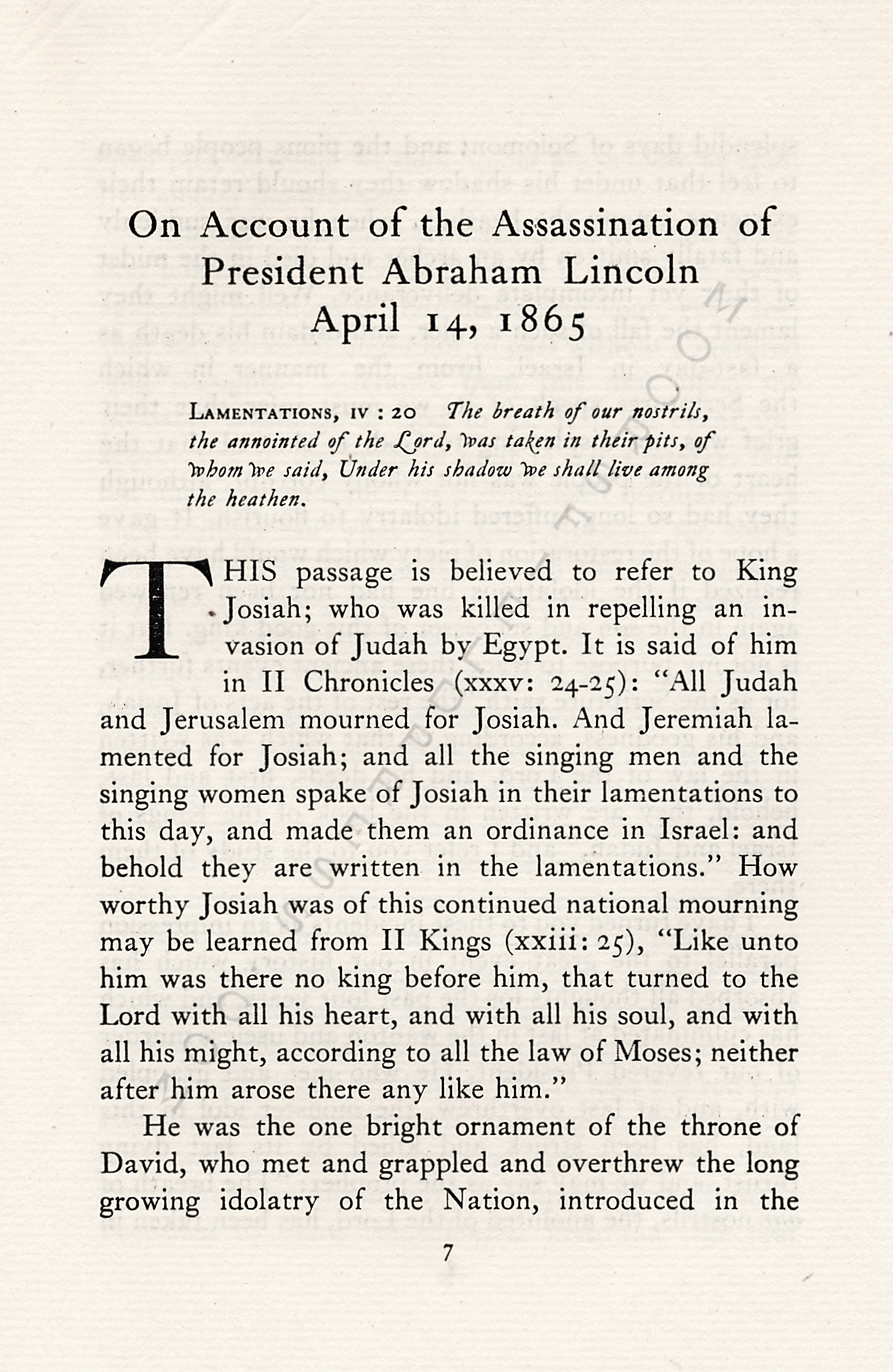 ON ACCOUNT
                      OF THE ASSASSINATION OF PRESIDENT LINCOLN BY
                      MORTIMER BLAKE