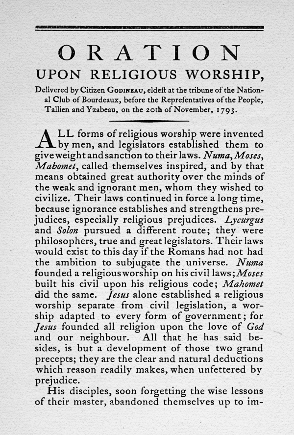 ORATION UPON
                      RELIGIOUS WORSHIP BY CITIZEN GODINEAU