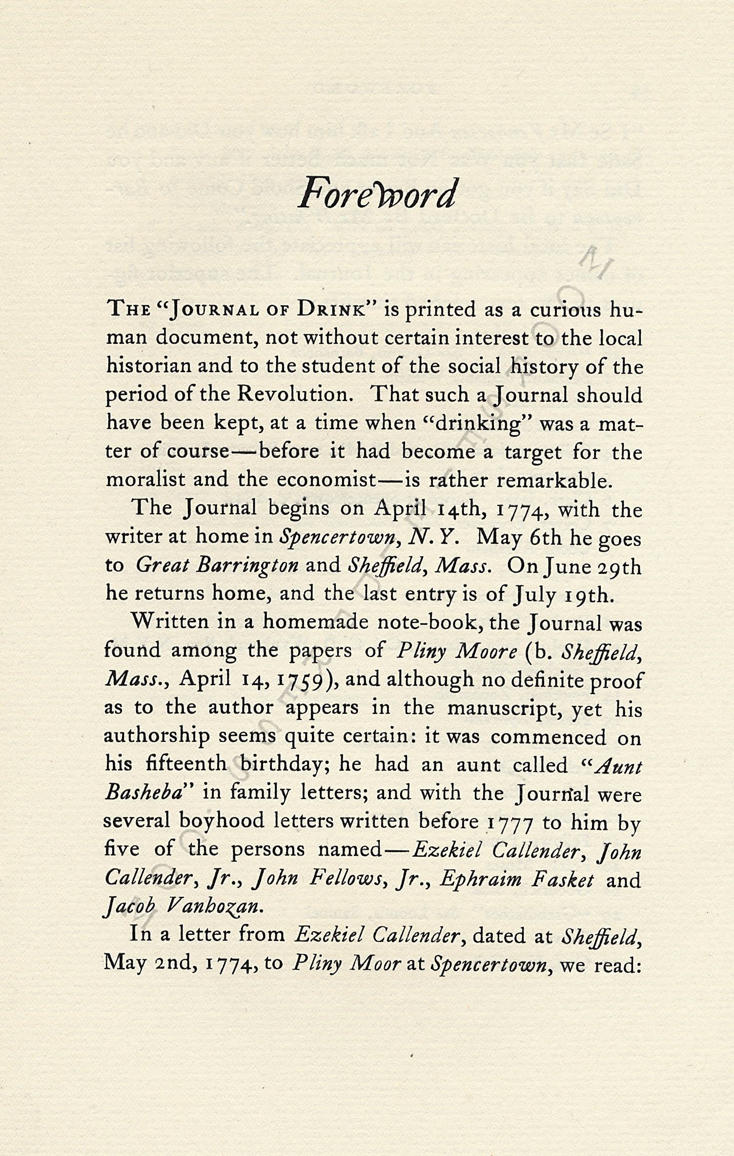 PLINY
                      MOORE PAPERS-JOURNAL OF DRINK 1774