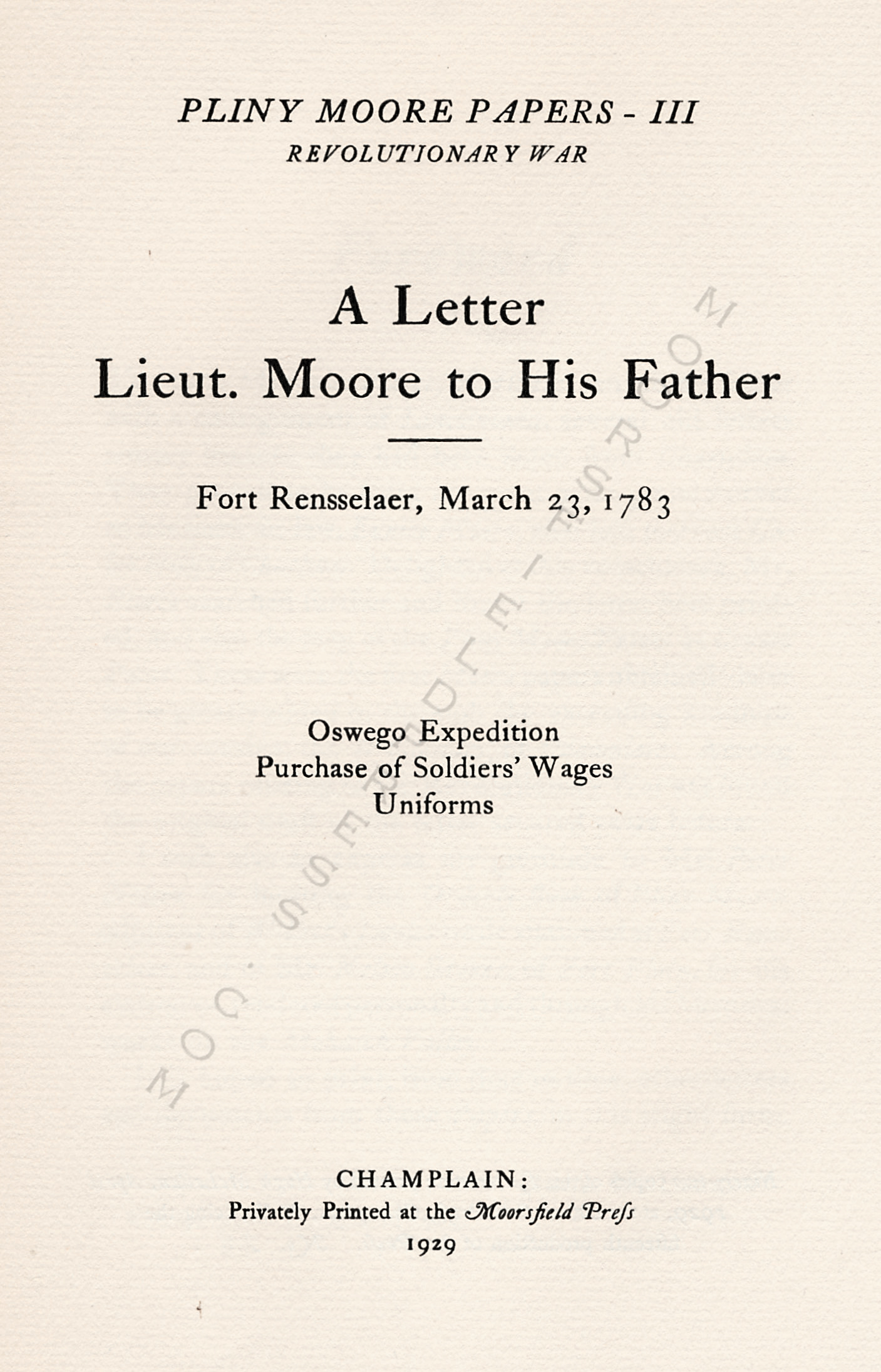 pliny moore
                      papers-letter of pliny moore to his father from
                      fort rensselaer 1783