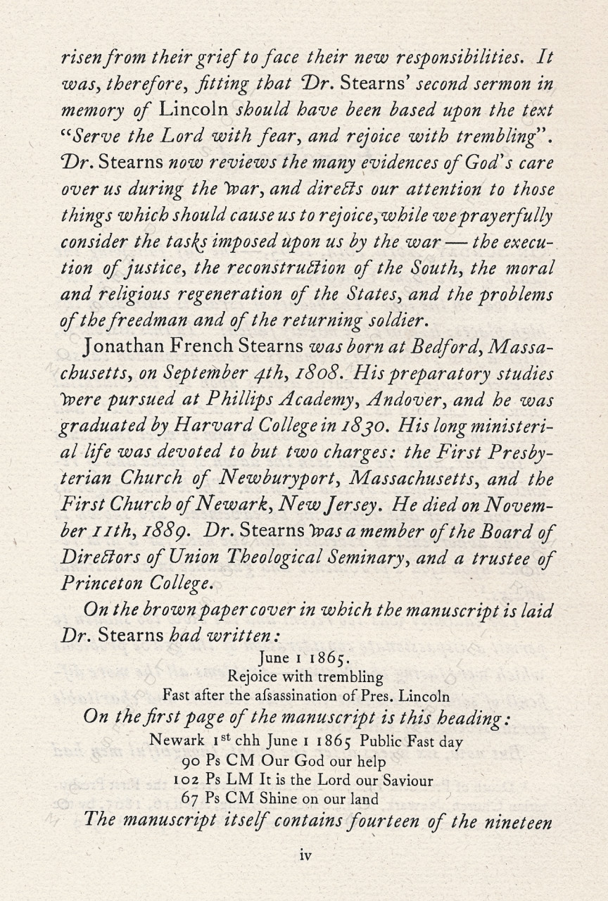 JONATHAN
                      F. STEARNS, D.D. Rejoice with Trembling. Fast-day
                      sermon after the assassination of Lincoln. Newark,
                      N. J. 1933.