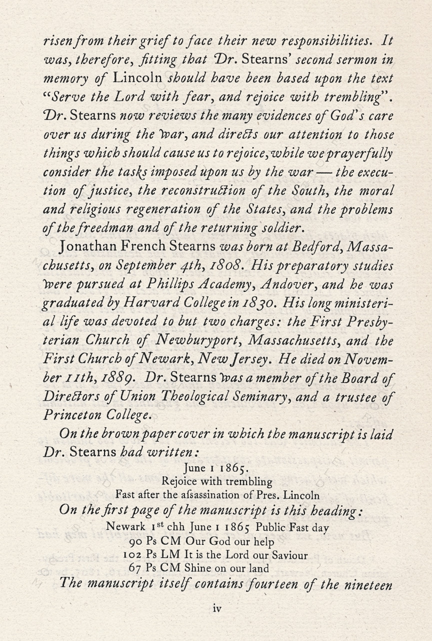 JONATHAN
                      F. STEARNS, D.D. Rejoice with Trembling. Fast-day
                      sermon after the assassination of Lincoln. Newark,
                      N. J. 1933.