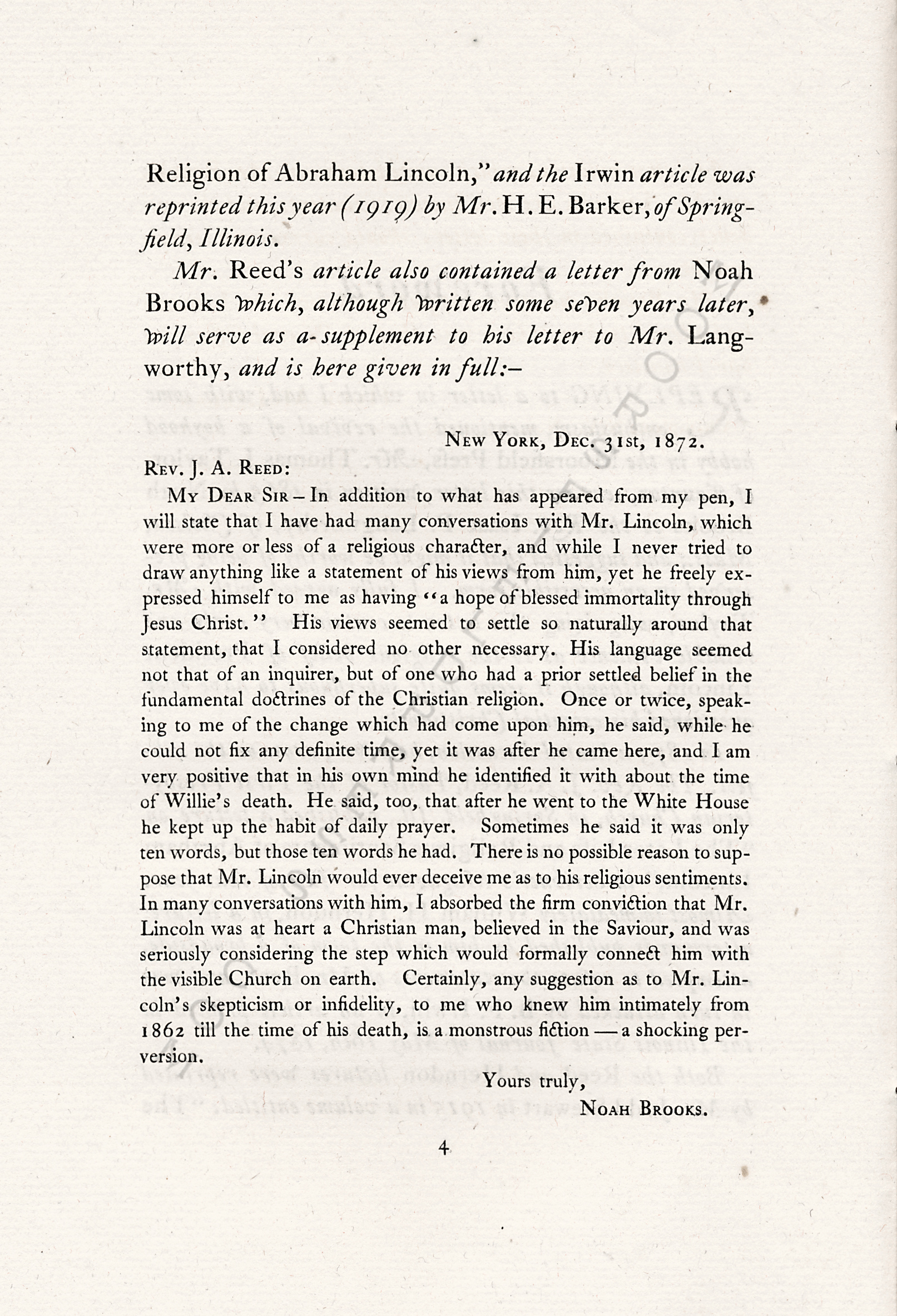 THE
                      CHARACTER AND RELIGION OF PRESIDENT LINCOLN - A
                      LETTER OF NOAH BROOKS MAY 10 1865