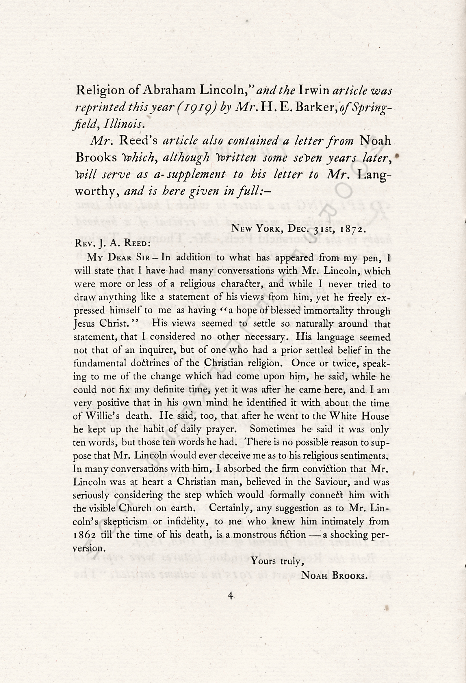 THE
                      CHARACTER AND RELIGION OF PRESIDENT LINCOLN - A
                      LETTER OF NOAH BROOKS MAY 10 1865