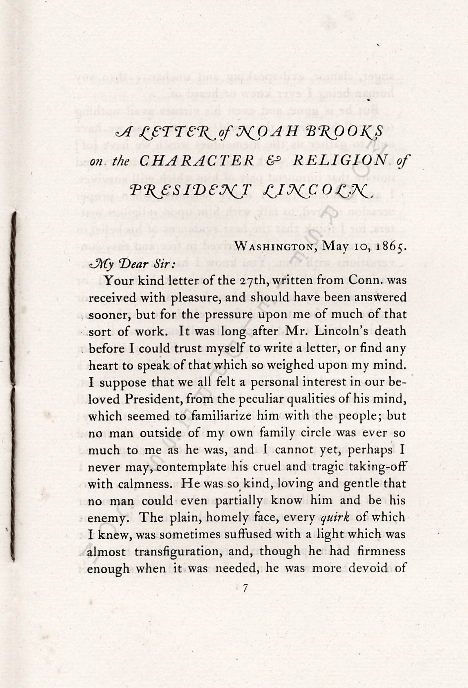 THE
                      CHARACTER AND RELIGION OF PRESIDENT LINCOLN - A
                      LETTER OF NOAH BROOKS MAY 10 1865