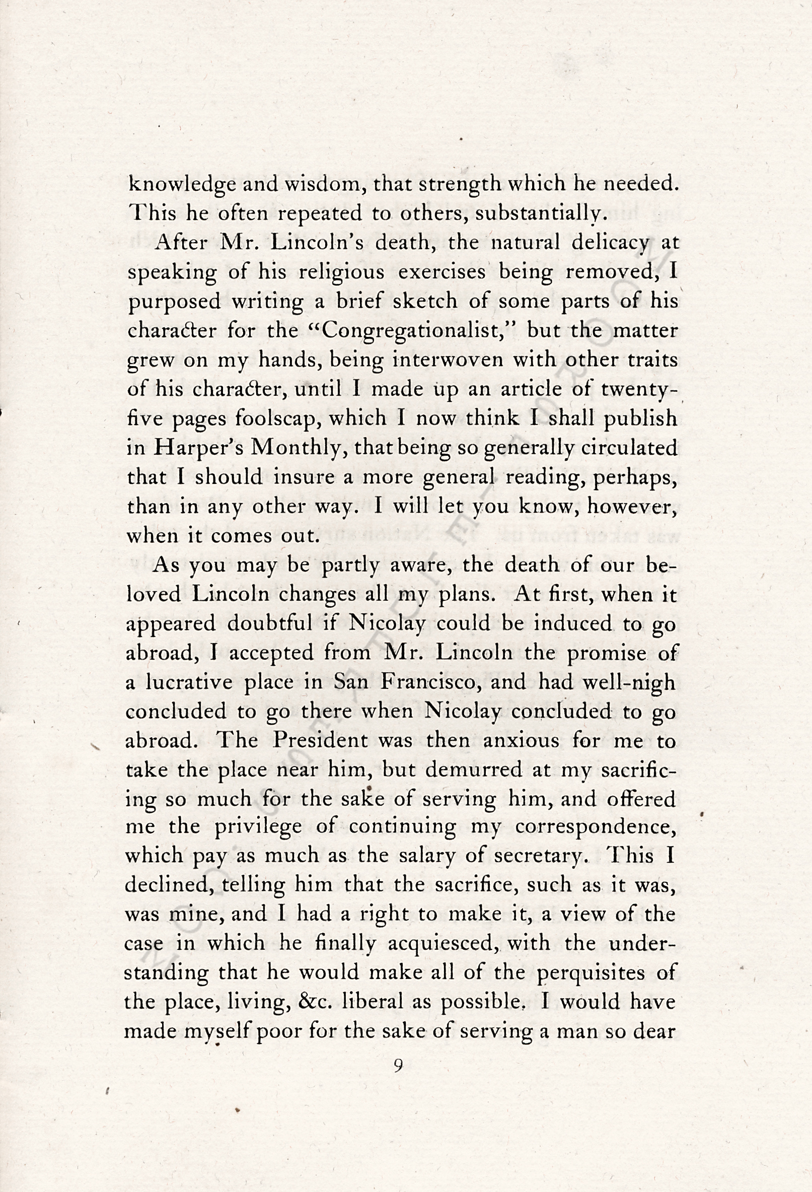 THE
                      CHARACTER AND RELIGION OF PRESIDENT LINCOLN - A
                      LETTER OF NOAH BROOKS MAY 10 1865