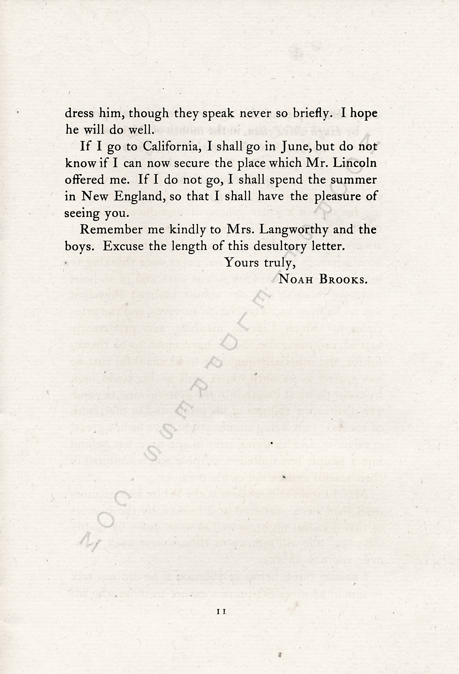 THE
                      CHARACTER AND RELIGION OF PRESIDENT LINCOLN - A
                      LETTER OF NOAH BROOKS MAY 10 1865