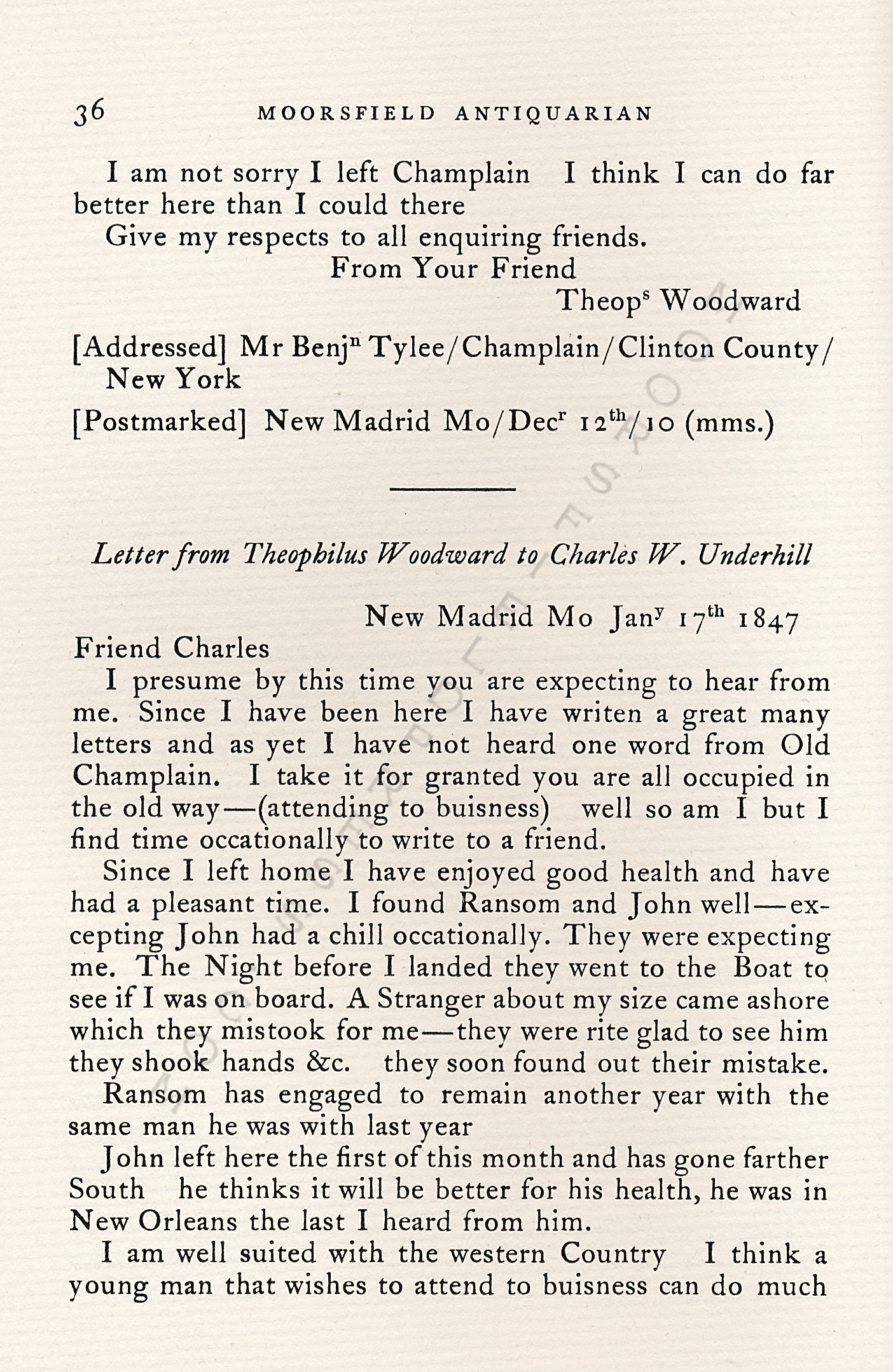 Letters from
                      New Madrid, Missouri - Theophilus Woodward 1846 -
                      1849