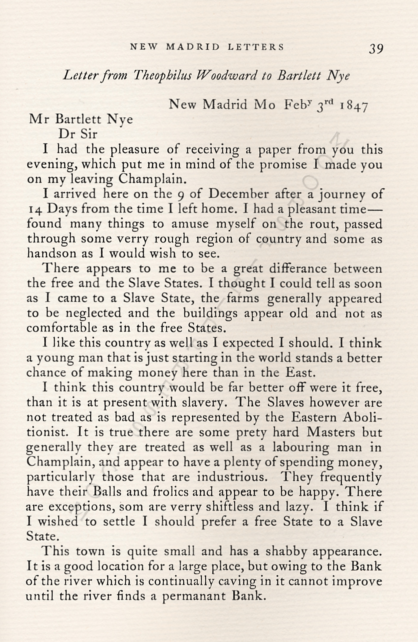 Letters from
                      New Madrid, Missouri - Theophilus Woodward 1846 -
                      1849