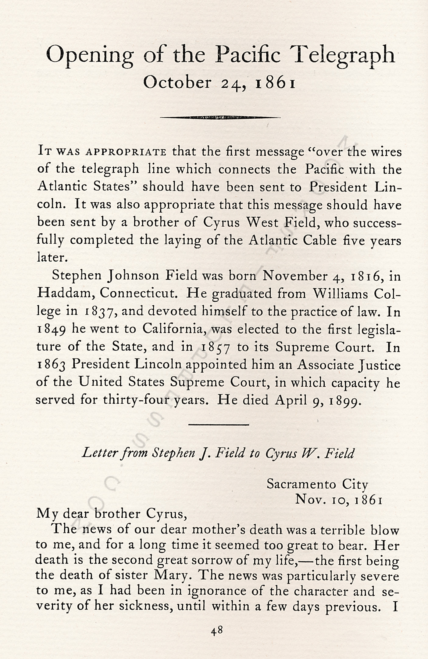 Opening of
                      the Pacific Telegraph October 24 1861