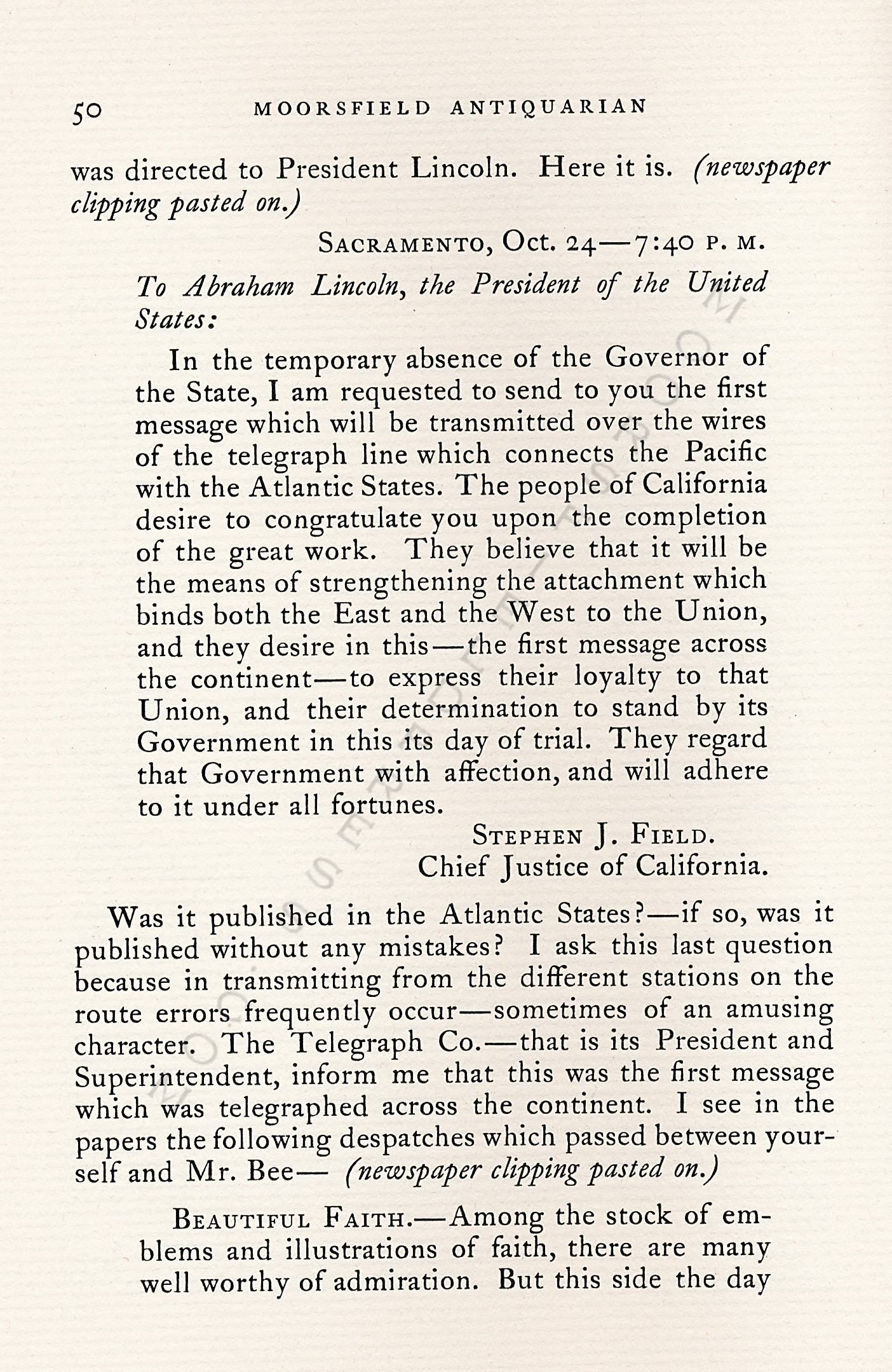 Opening of
                      the Pacific Telegraph October 24 1861