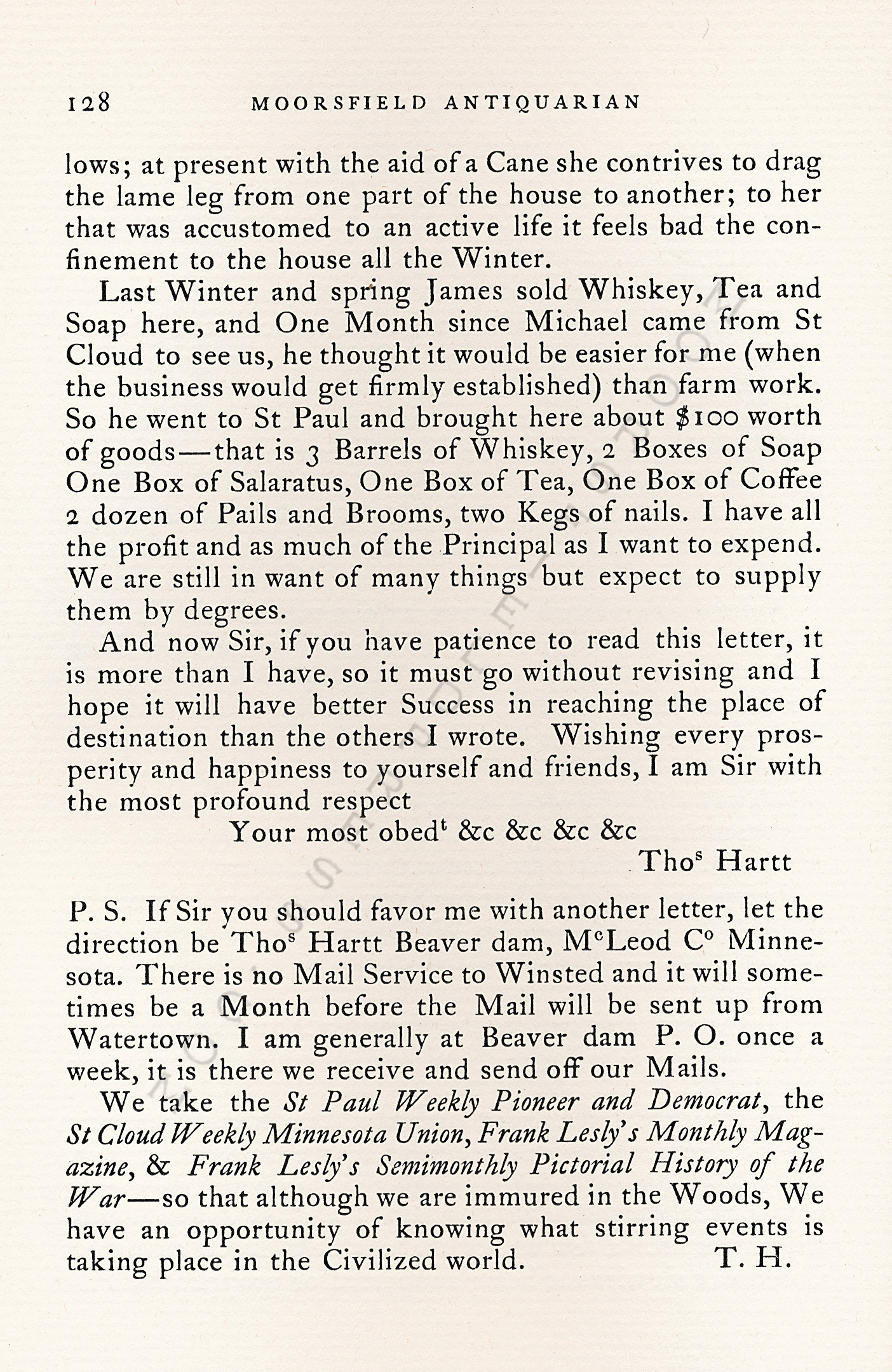 A
                      Minnesota Farmer in 1862-Thomas Hartt to Freeman
                      Nye of Champlain, New York