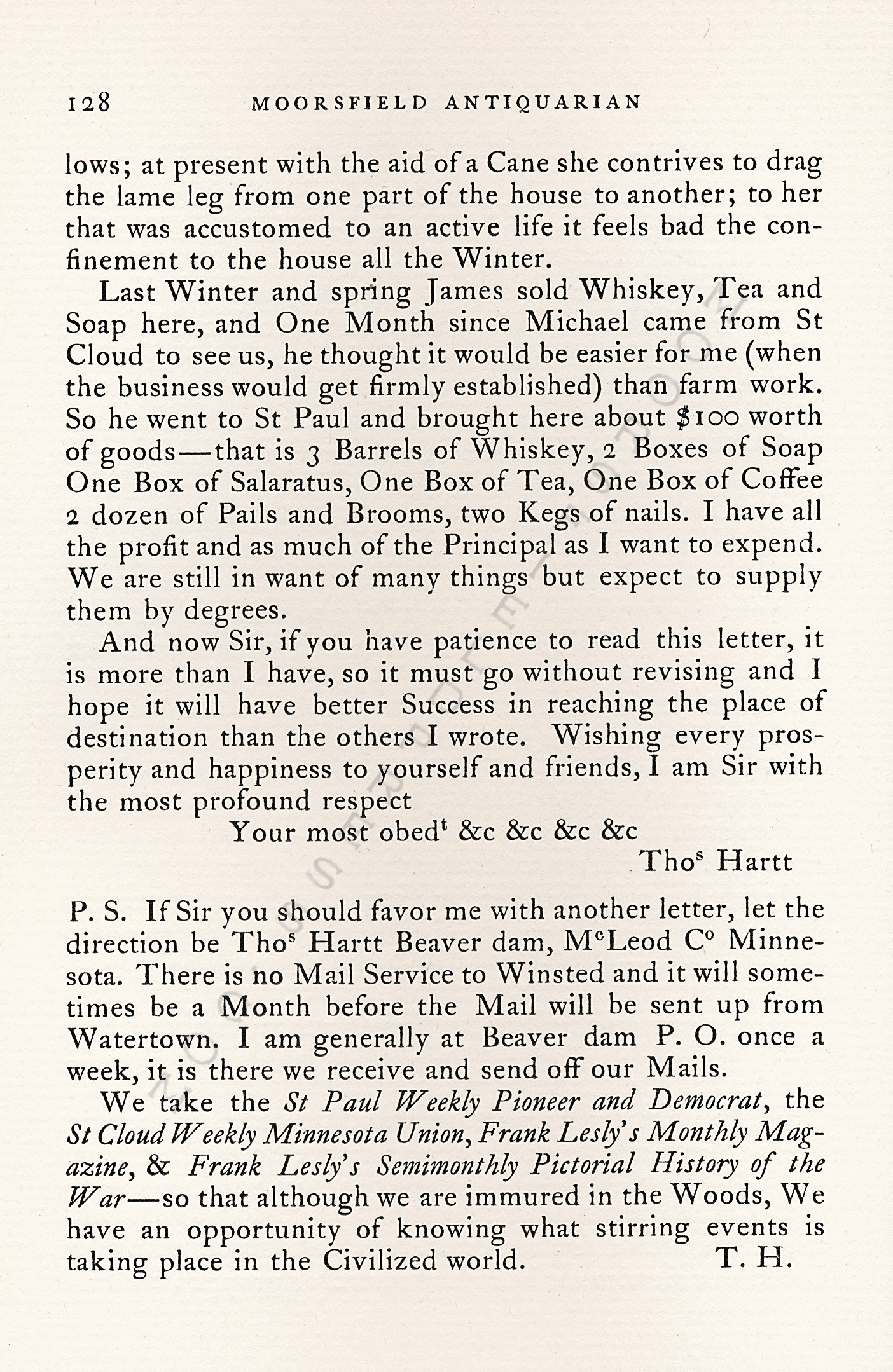 A
                      Minnesota Farmer in 1862-Thomas Hartt to Freeman
                      Nye of Champlain, New York