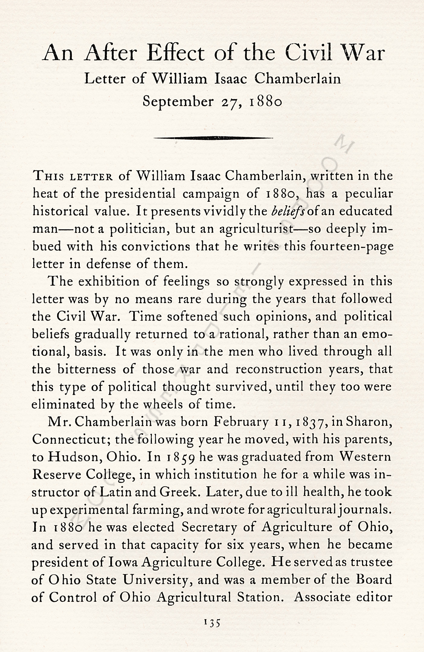 An After
                      Effect of the Civil War-Letter of William
                      Chamberlain 1880