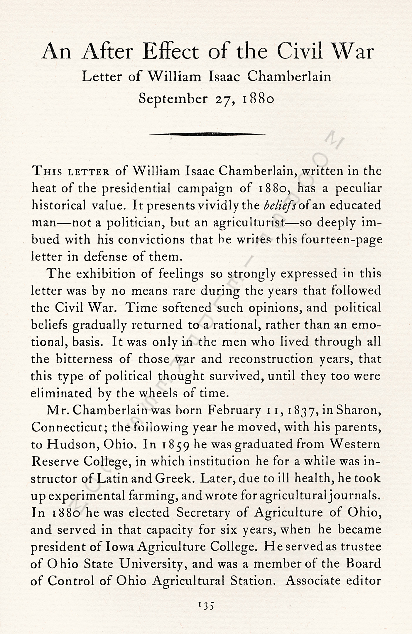 An After
                      Effect of the Civil War-Letter of William
                      Chamberlain 1880