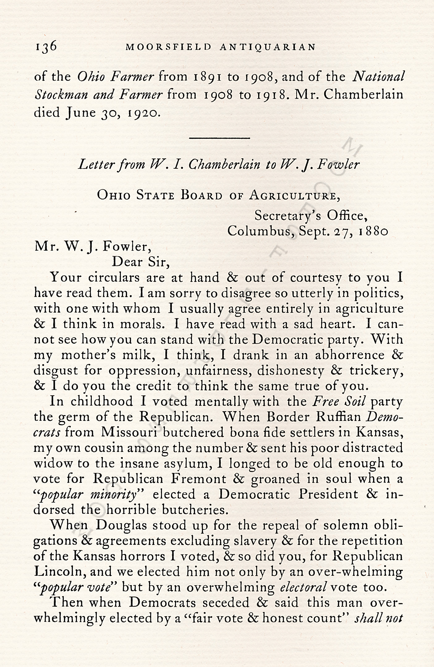 An After
                      Effect of the Civil War-Letter of William
                      Chamberlain 1880