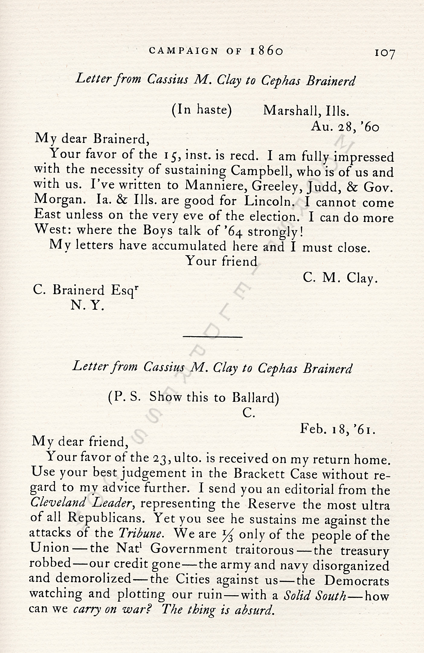 The 1860
                      Presidential Campaign-Letters of Cassius M. Clay
                      to Cephas Brainerd