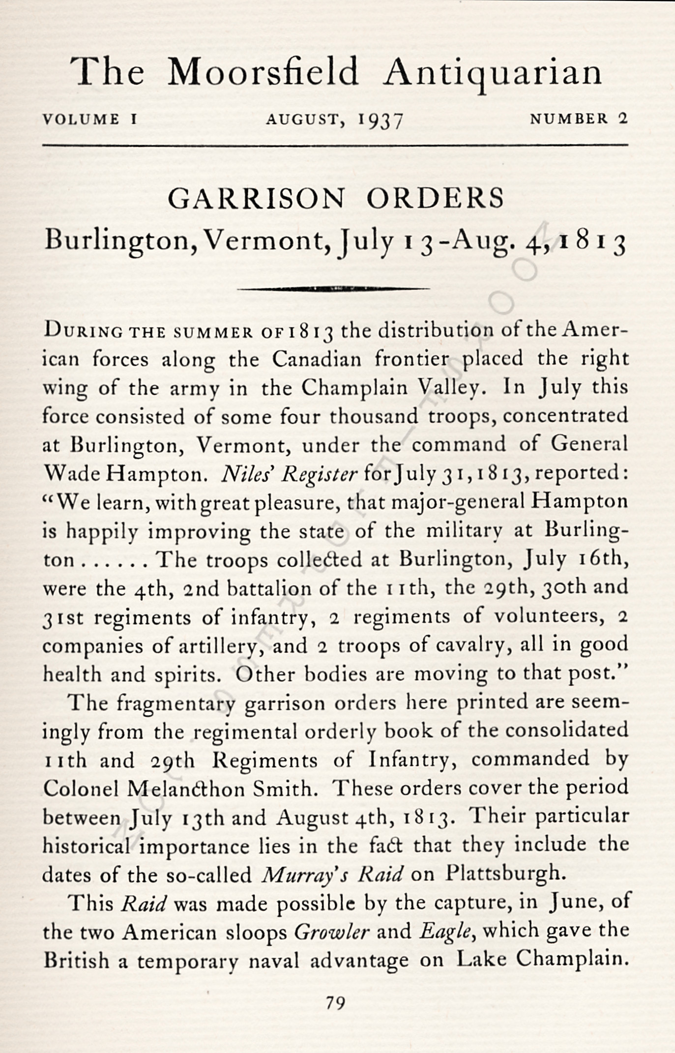 The War Of
                      1812-Garrison Orders Burlington, Vermont July 13 -
                      August 4, 1813