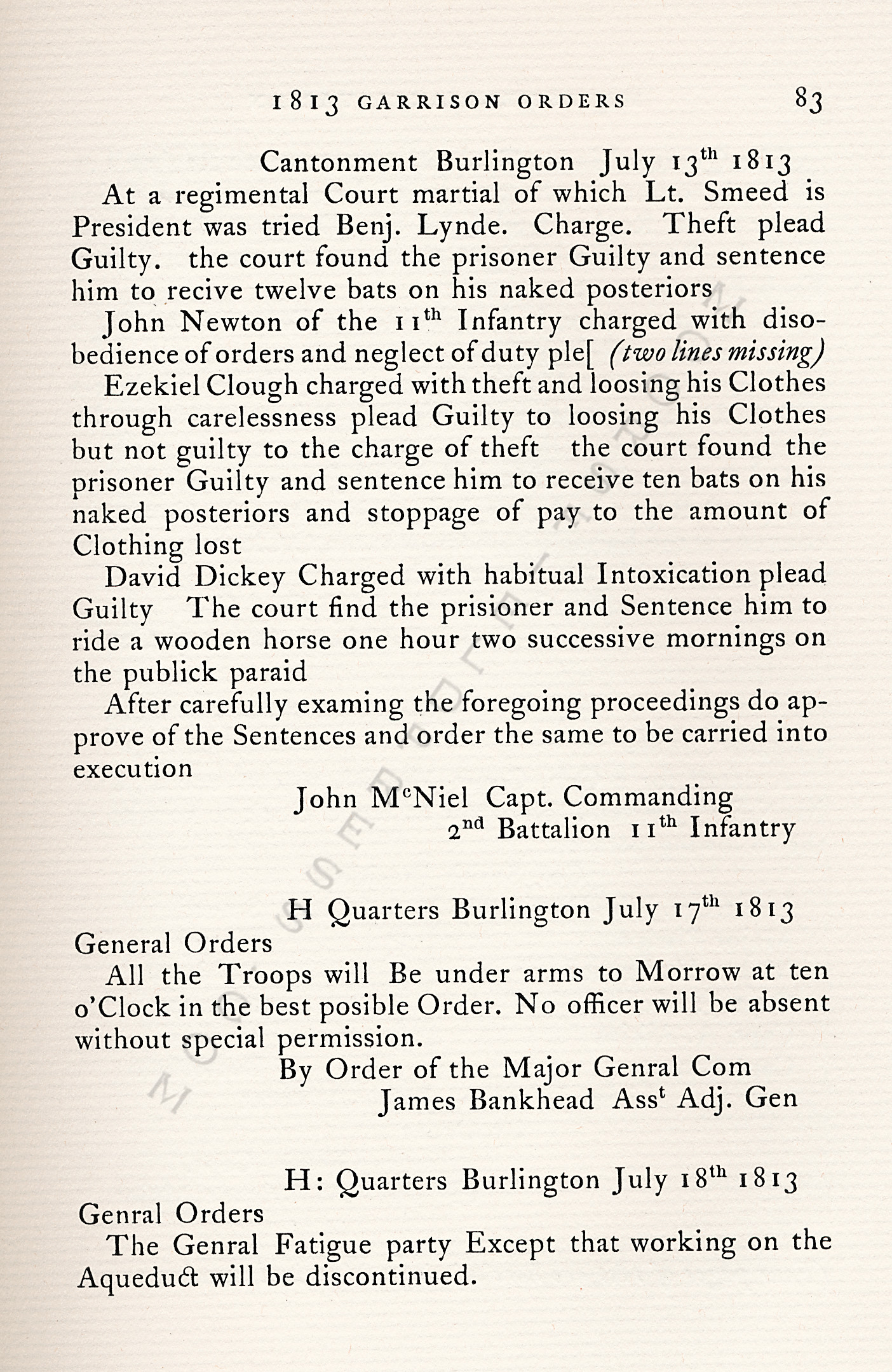 The War Of
                      1812-Garrison Orders Burlington, Vermont July 13 -
                      August 4, 1813