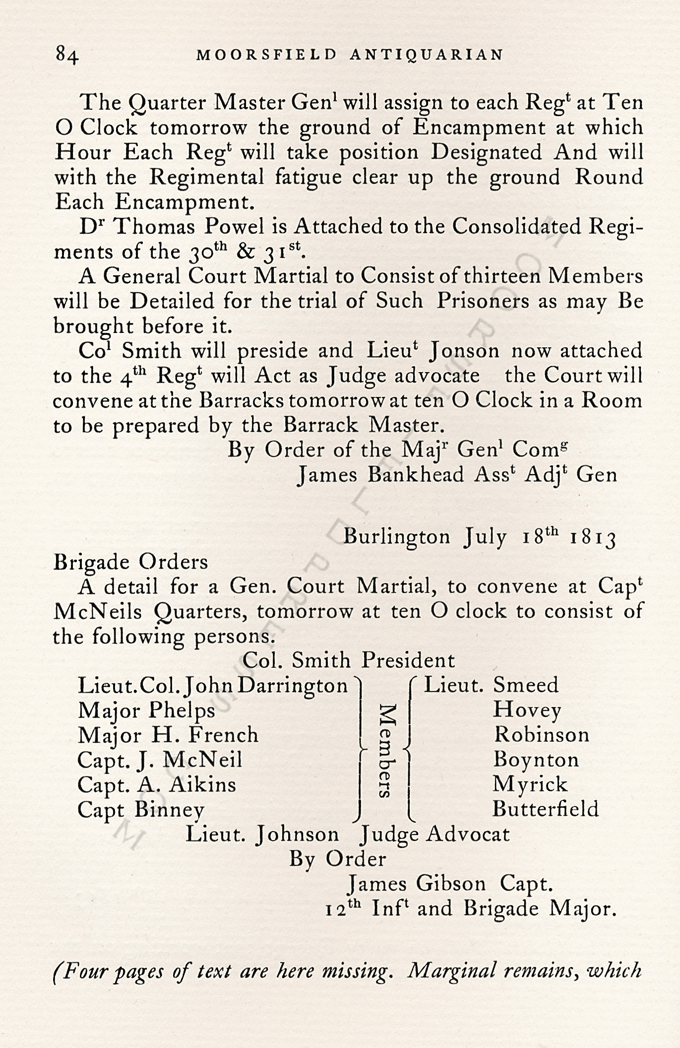 The War Of
                      1812-Garrison Orders Burlington, Vermont July 13 -
                      August 4, 1813