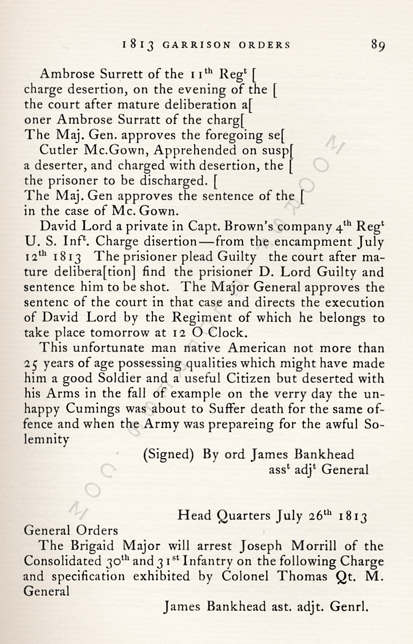 The War Of
                      1812-Garrison Orders Burlington, Vermont July 13 -
                      August 4, 1813