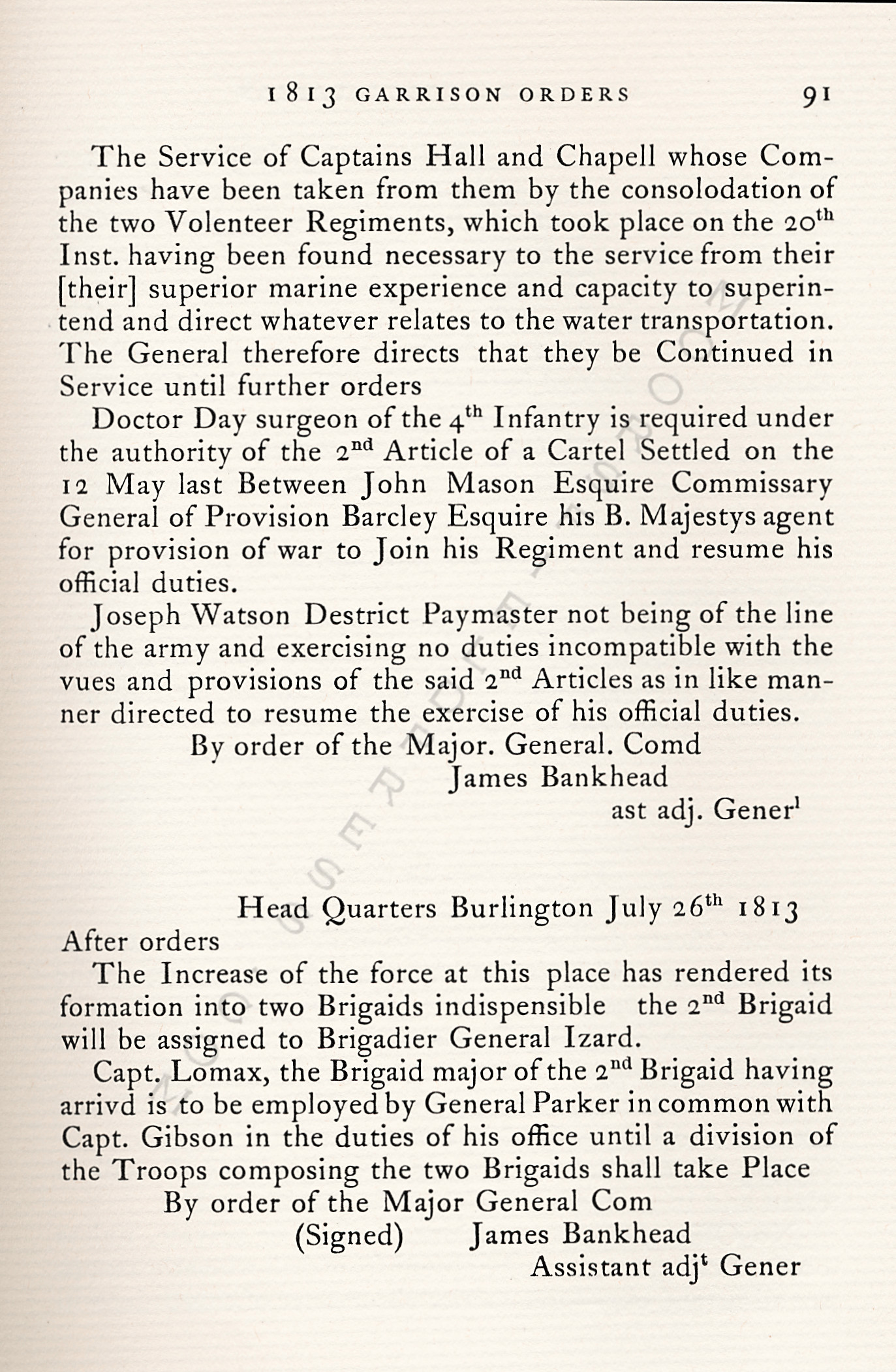 The War Of
                      1812-Garrison Orders Burlington, Vermont July 13 -
                      August 4, 1813
