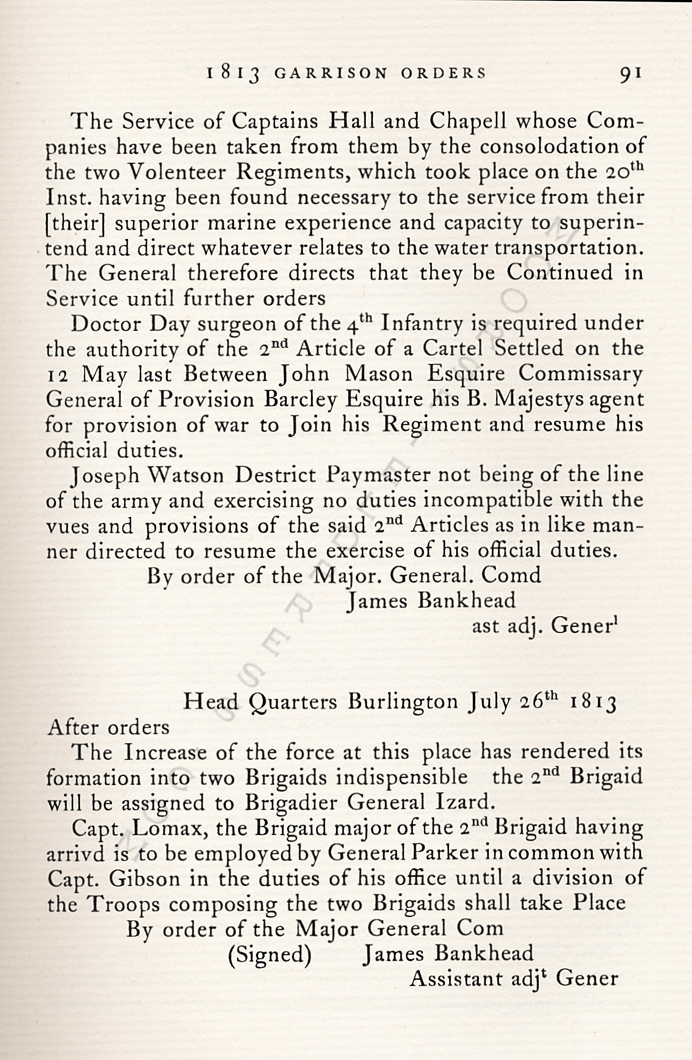 The War Of
                      1812-Garrison Orders Burlington, Vermont July 13 -
                      August 4, 1813