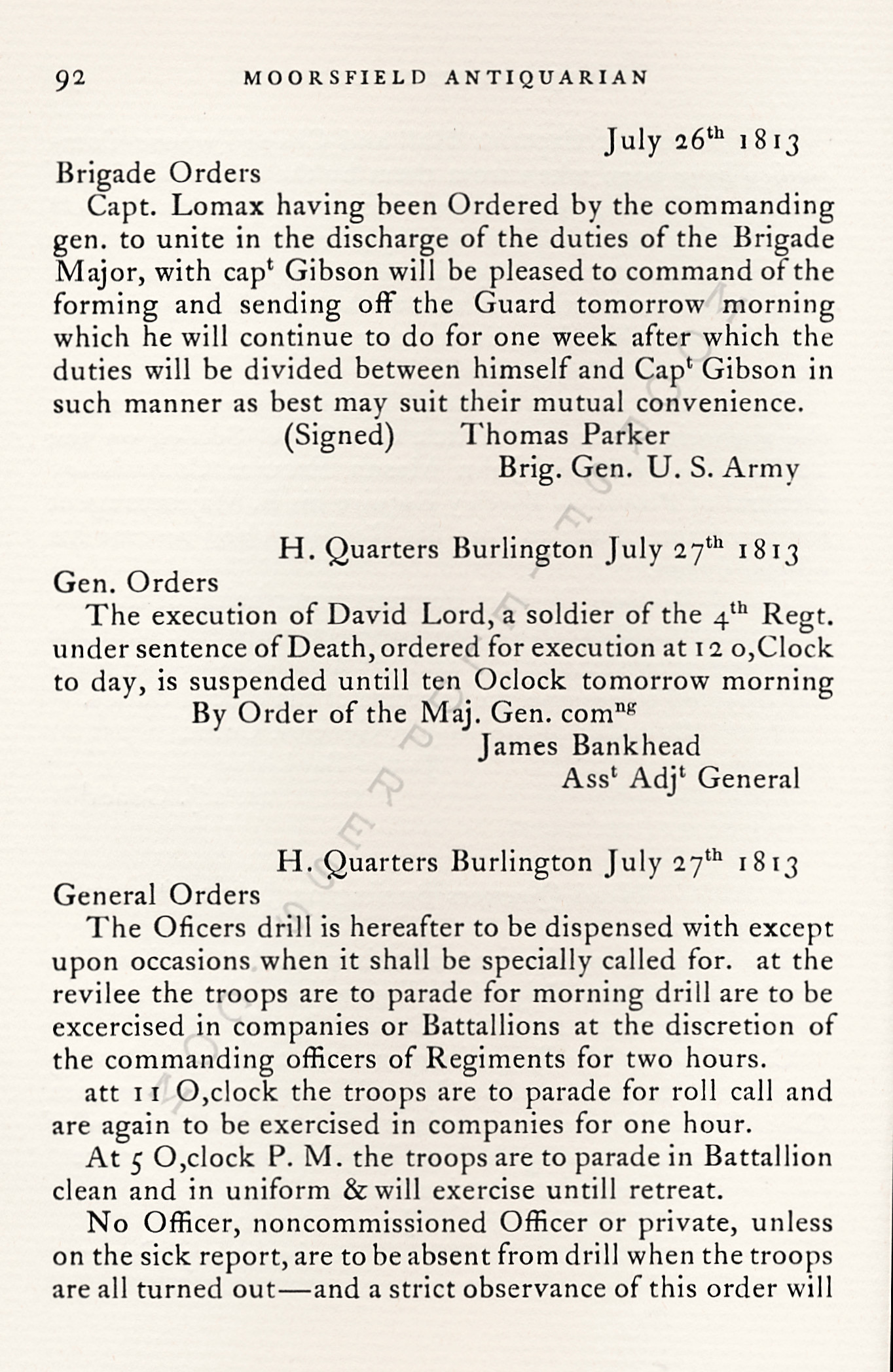 The War Of
                      1812-Garrison Orders Burlington, Vermont July 13 -
                      August 4, 1813