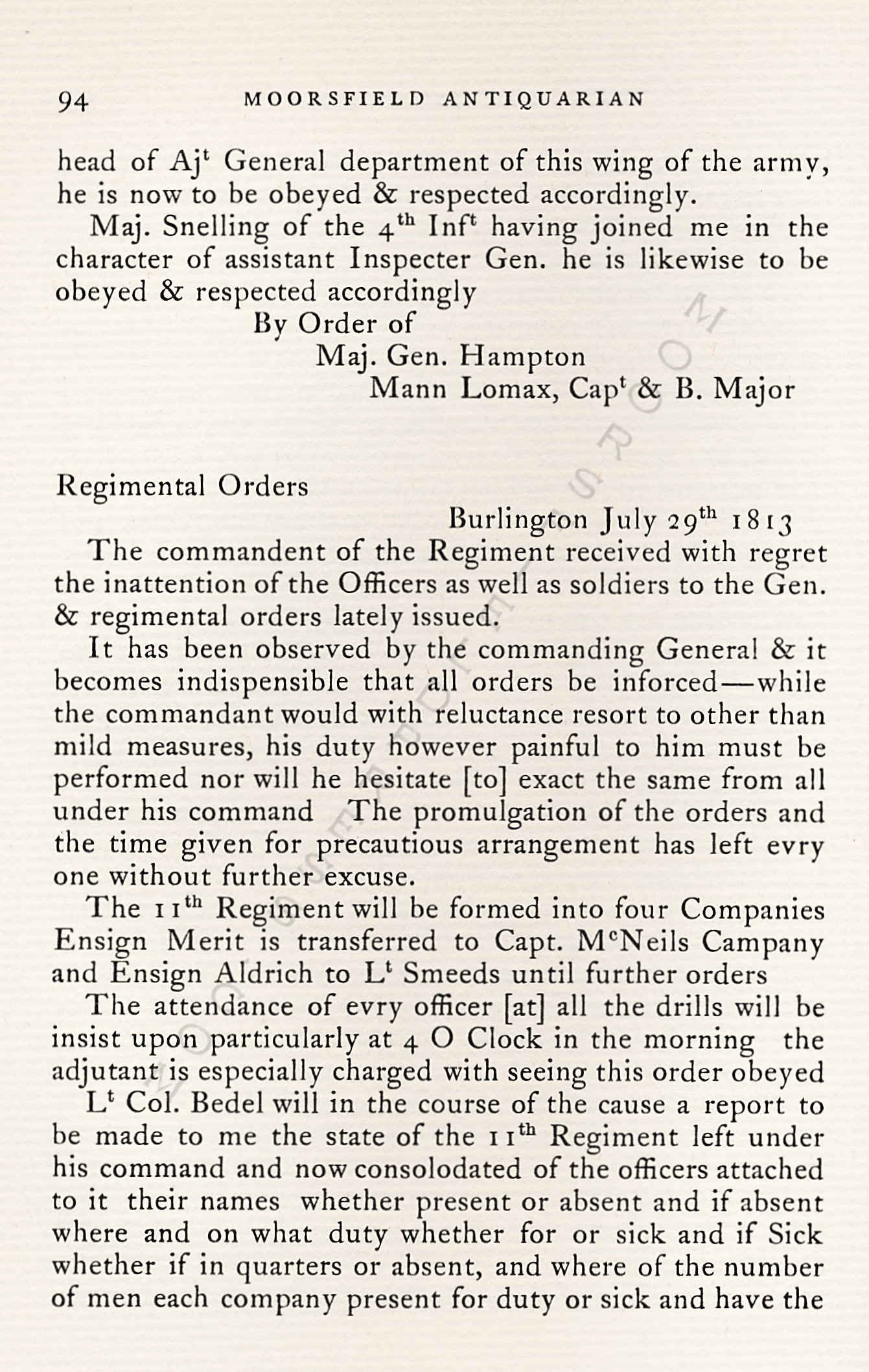 The War Of
                      1812-Garrison Orders Burlington, Vermont July 13 -
                      August 4, 1813