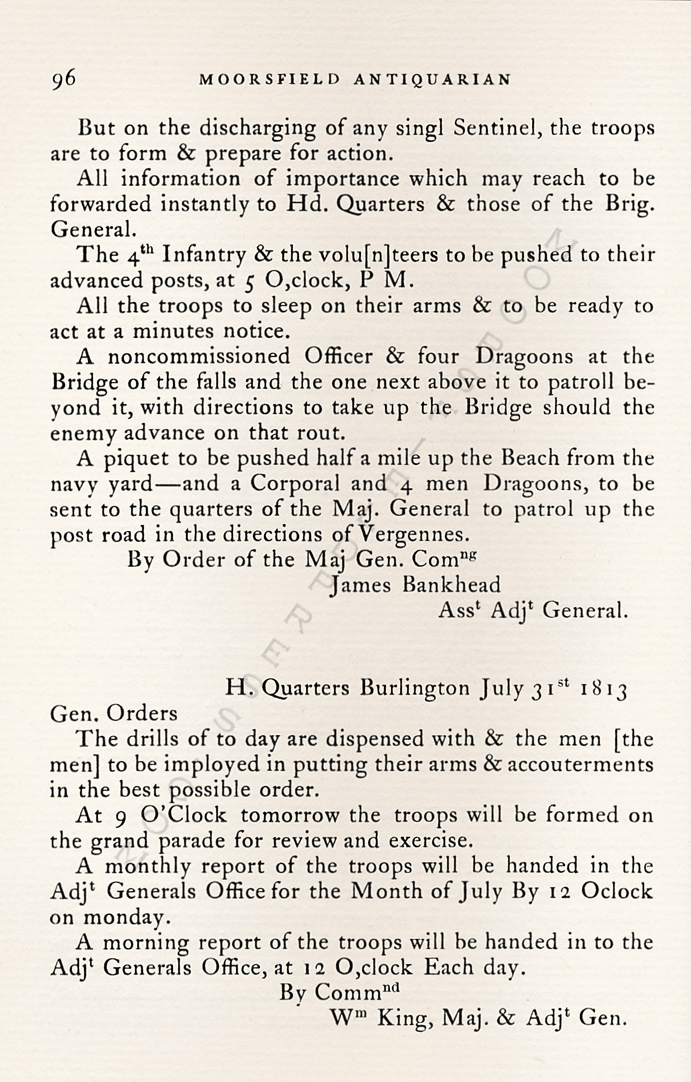 The War Of
                      1812-Garrison Orders Burlington, Vermont July 13 -
                      August 4, 1813