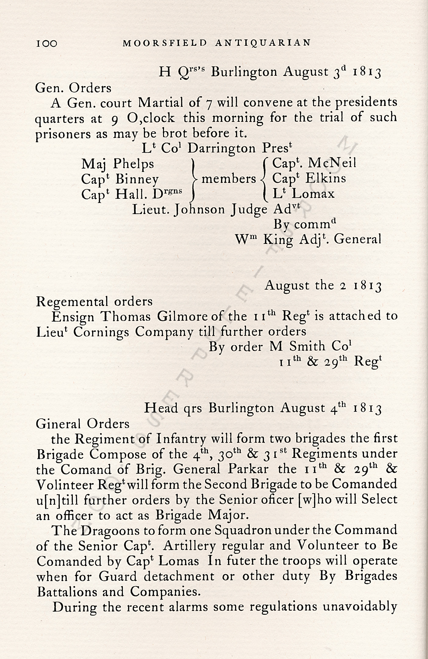 The War Of
                      1812-Garrison Orders Burlington, Vermont July 13 -
                      August 4, 1813