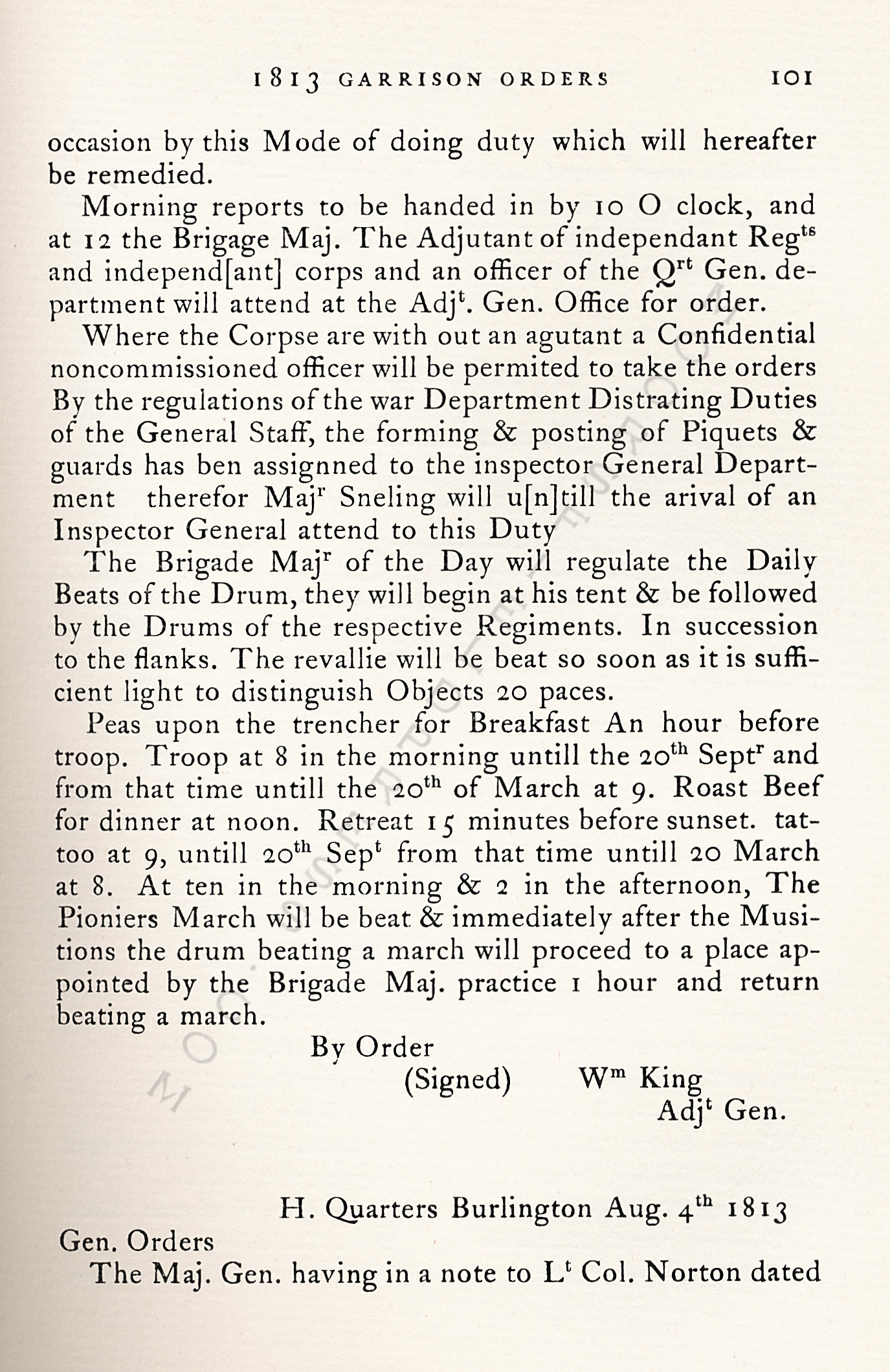 The War Of
                      1812-Garrison Orders Burlington, Vermont July 13 -
                      August 4, 1813