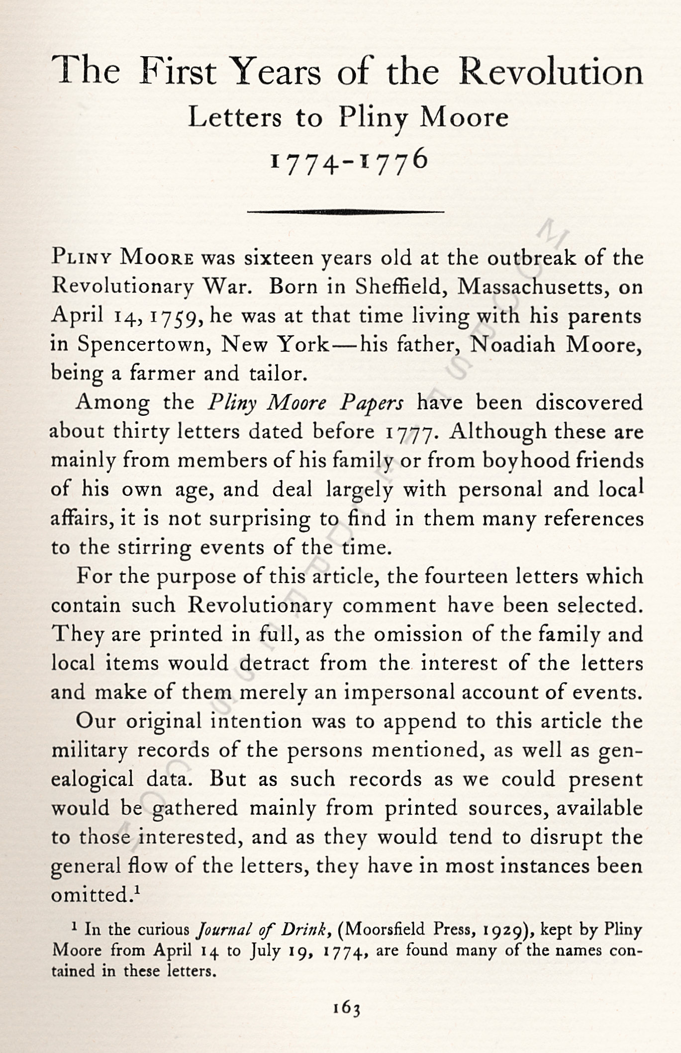 Pliny
                      Moore Papers - The First Years of the Revolution,
                      Letters to Pliny Moore, 1774 - 1776
