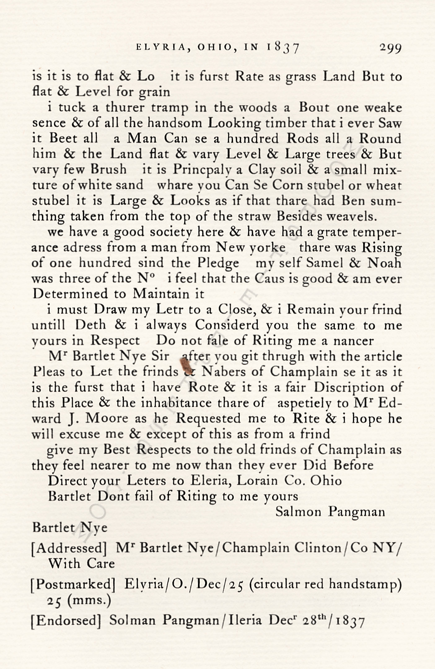 A Letter
                      From Elyria Ohio In 1837-Salmon Pangman to
                      Bartlett Nye of Champlain, New York